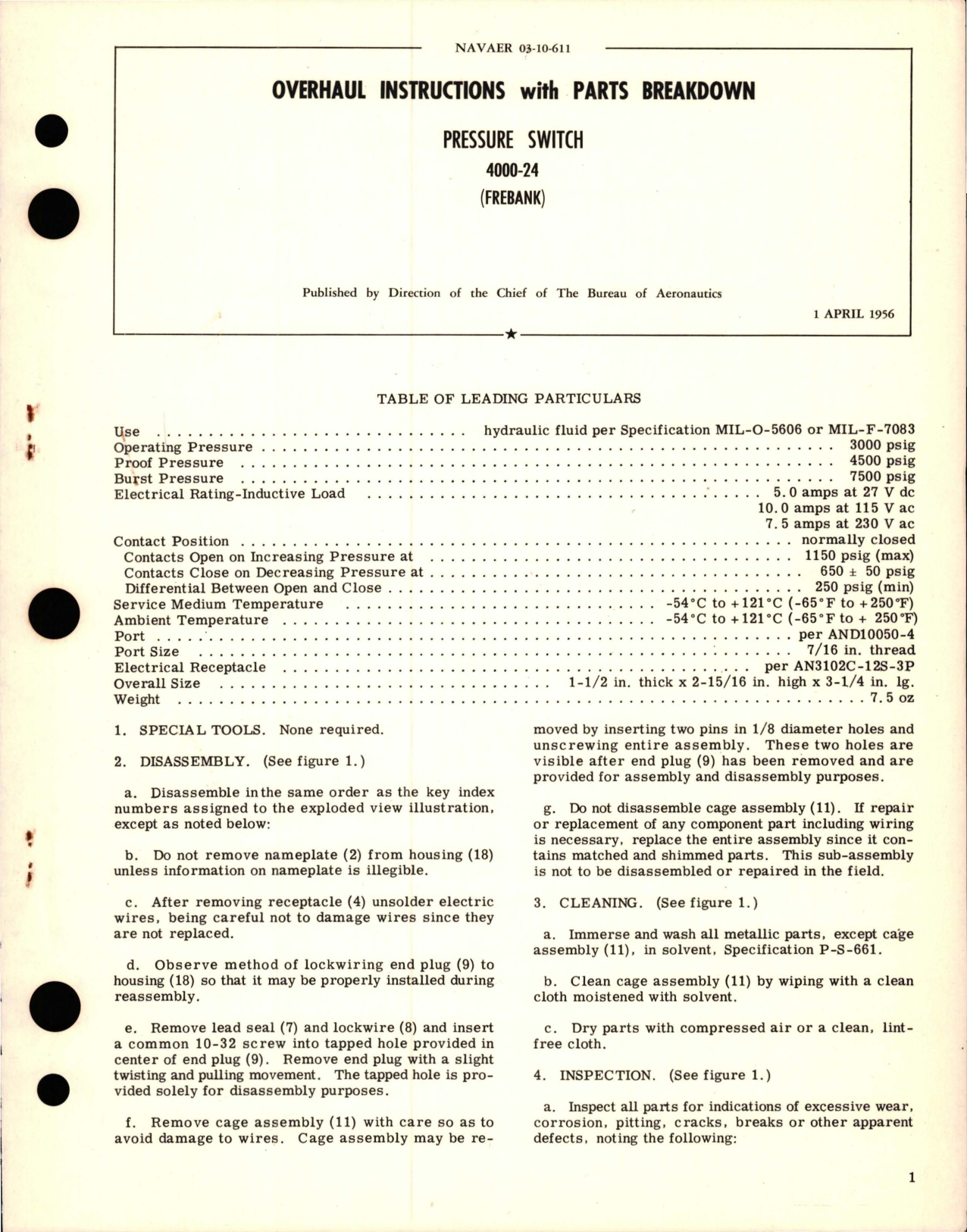 Sample page 1 from AirCorps Library document: Overhaul Instructions with Parts Breakdown for Pressure Switch - 4000-24 
