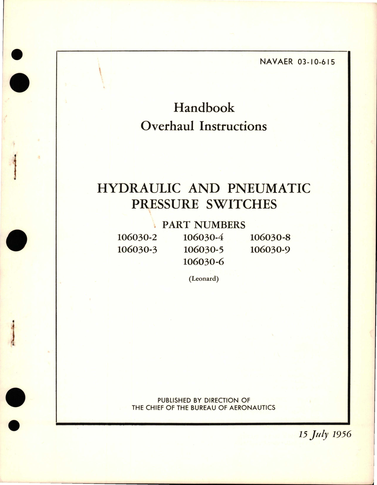 Sample page 1 from AirCorps Library document: Overhaul Instructions for Hydraulic and Pneumatic Pressure Switches 