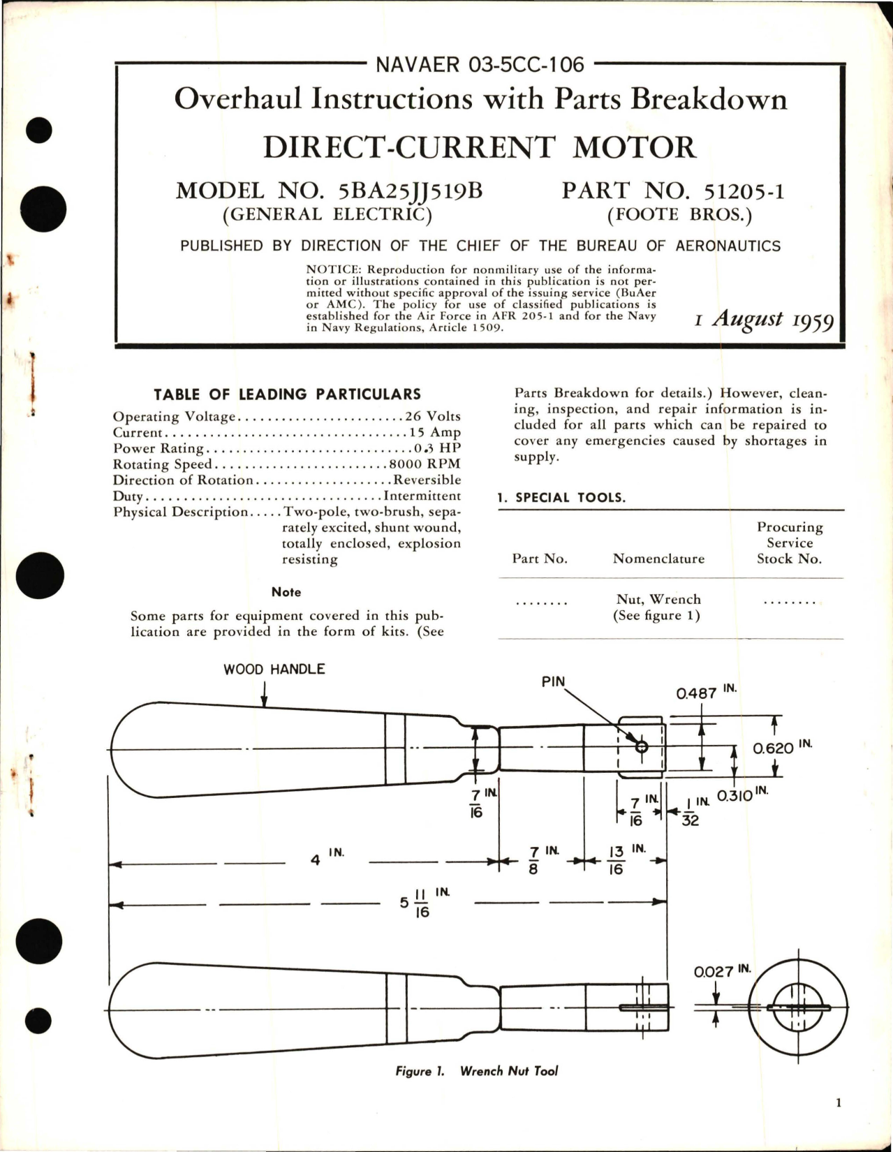 Sample page 1 from AirCorps Library document: Overhaul Instructions with Parts Breakdown for Direct Current Motor Part 51205-1