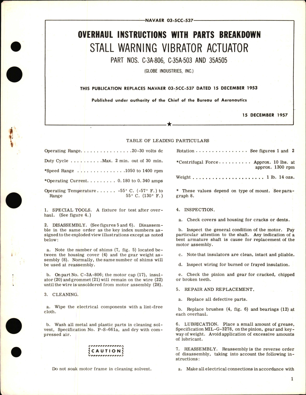 Sample page 1 from AirCorps Library document: Overhaul Instructions with Parts Breakdown for Stall Warning Vibrator Actuator - Part C-3A-806, C-35A-503 and 35A505 