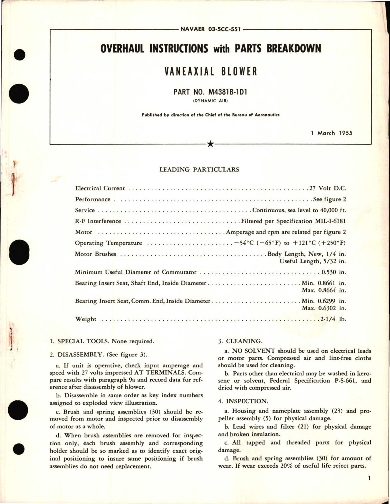 Sample page 1 from AirCorps Library document: Overhaul Instructions with Parts Breakdown for Vaneaxial Blower - Part M4381B-1D1