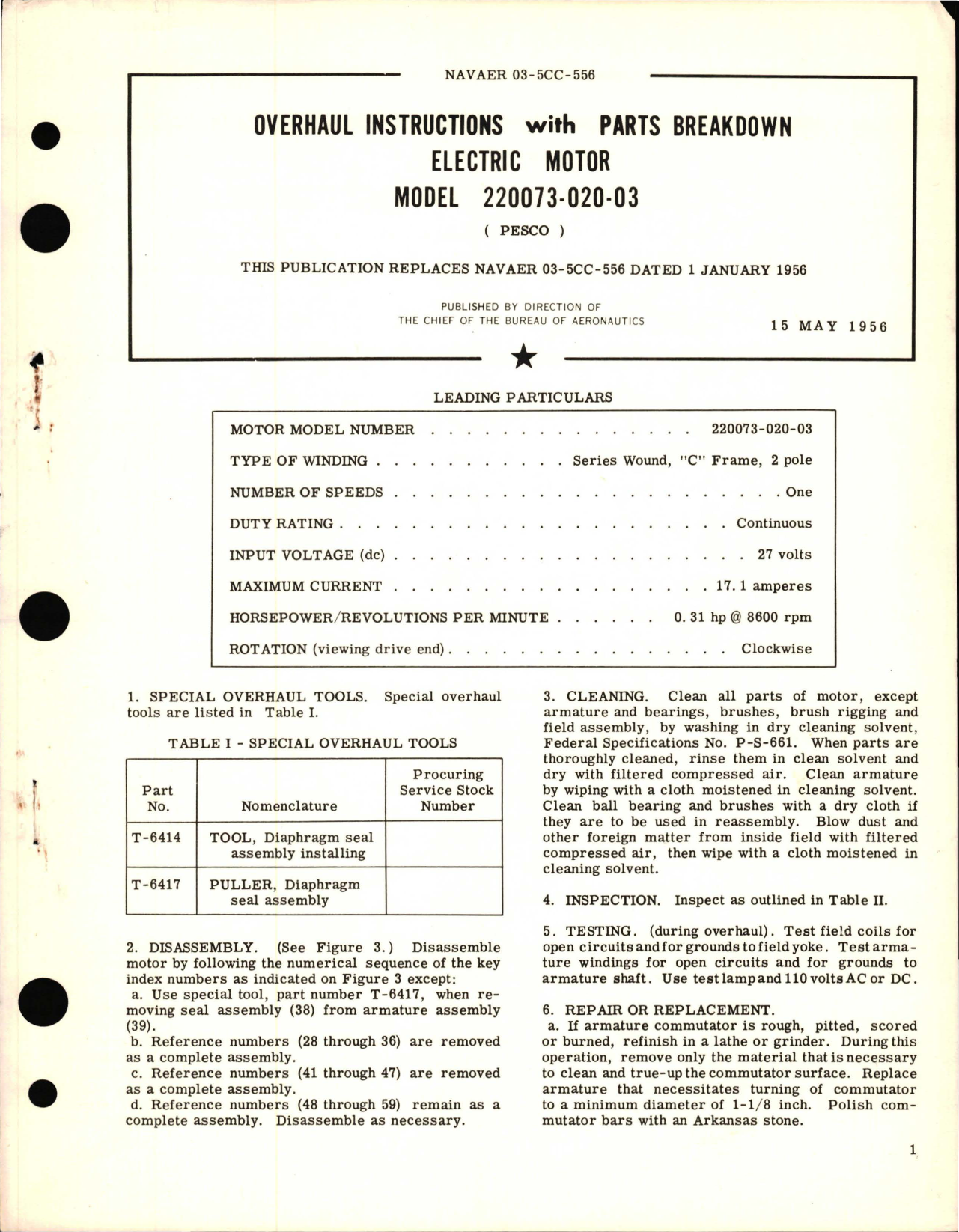Sample page 1 from AirCorps Library document: Overhaul Instructions with Parts Breakdown for Electric Motor - Model 220073-020-03  