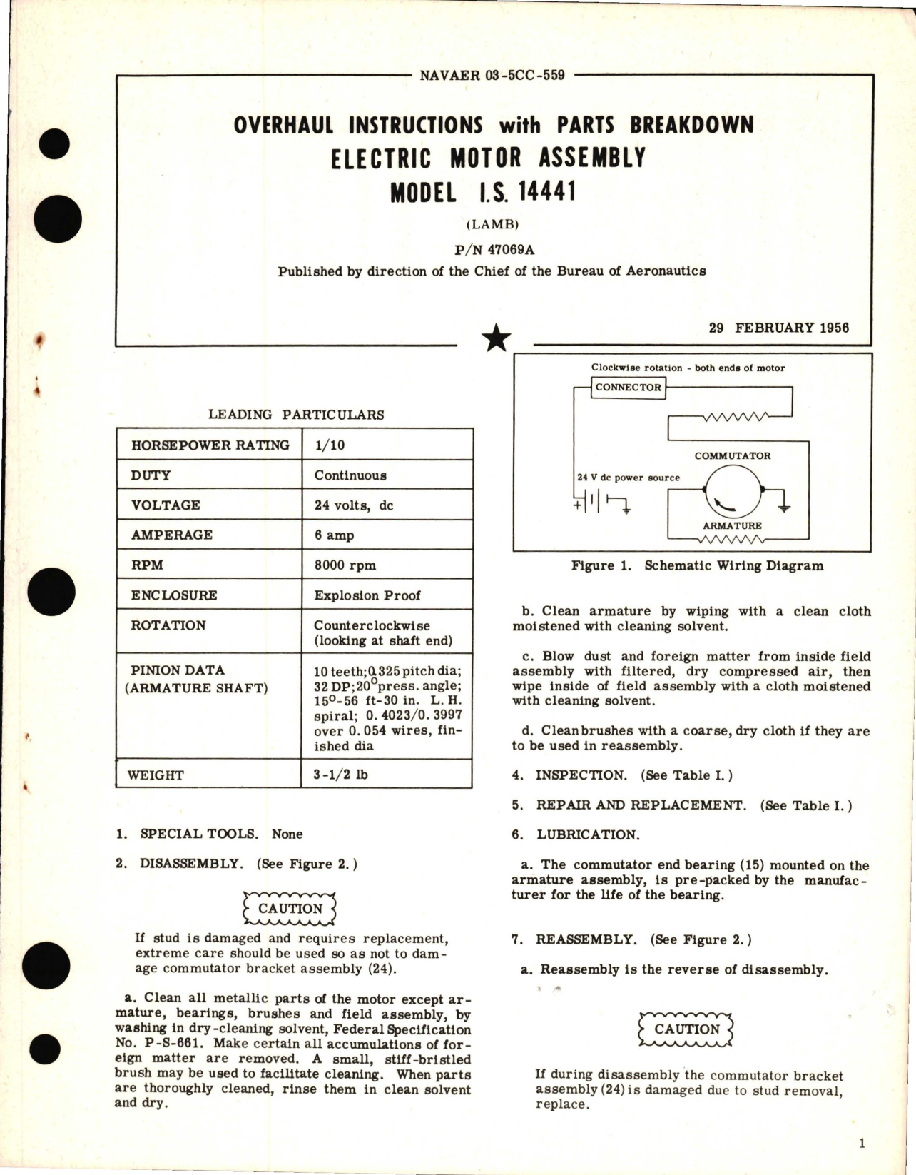 Sample page 1 from AirCorps Library document: Overhaul Instructions with Parts Breakdown for Electric Motor Assembly - Model I.S. 14441 - Part 47069A