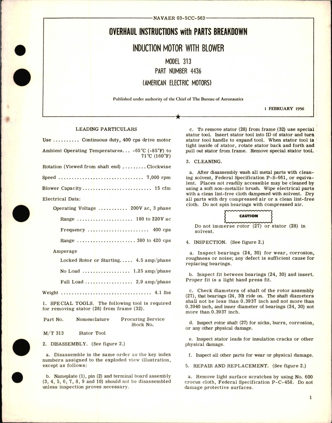 Sample page 1 from AirCorps Library document: Overhaul Instructions with Parts Breakdown for Induction Motor with Blower - Model 313 - Part 4436