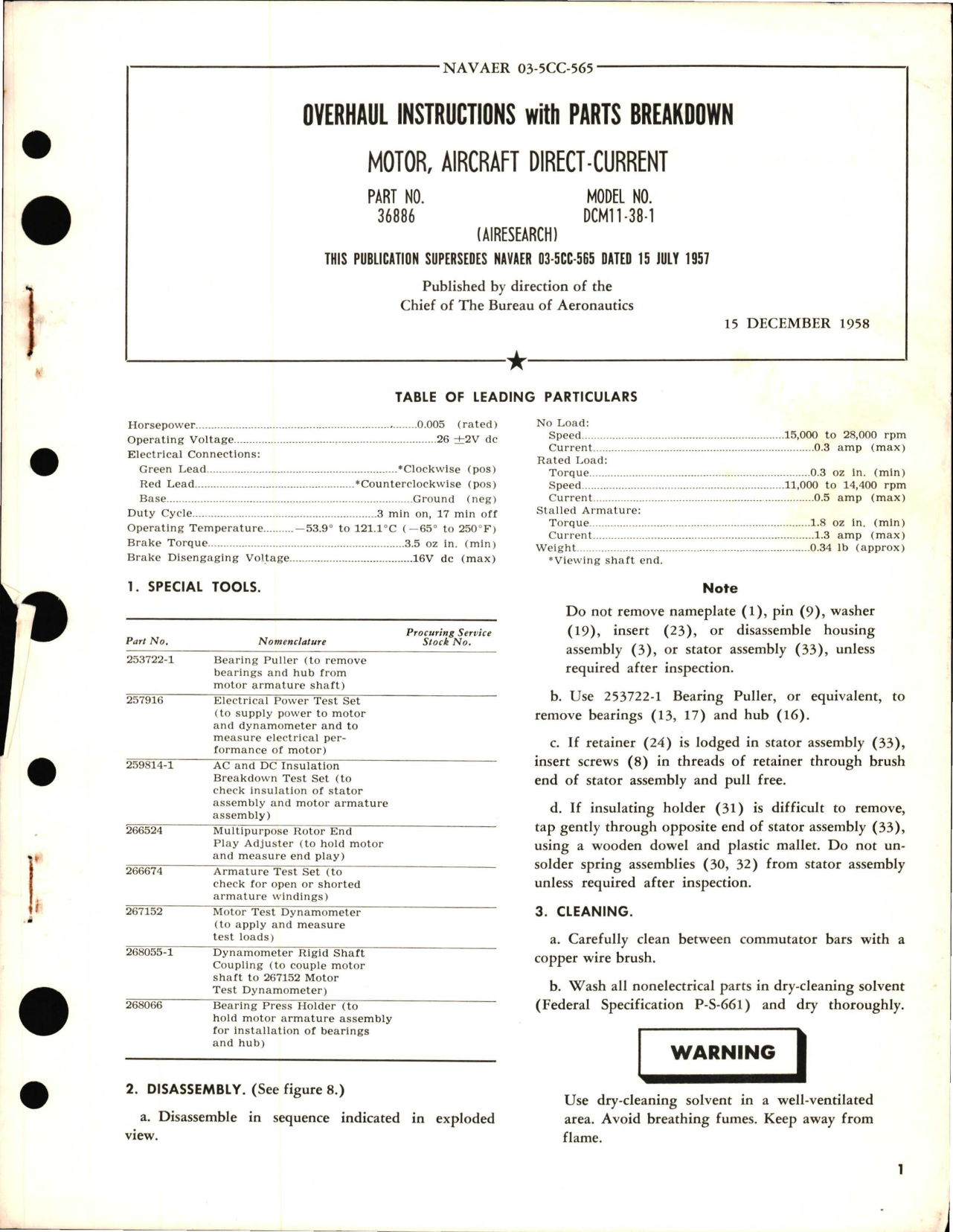 Sample page 1 from AirCorps Library document: Overhaul Instructions with Parts Breakdown for Motor, Aircraft Direct Current - Part 36886