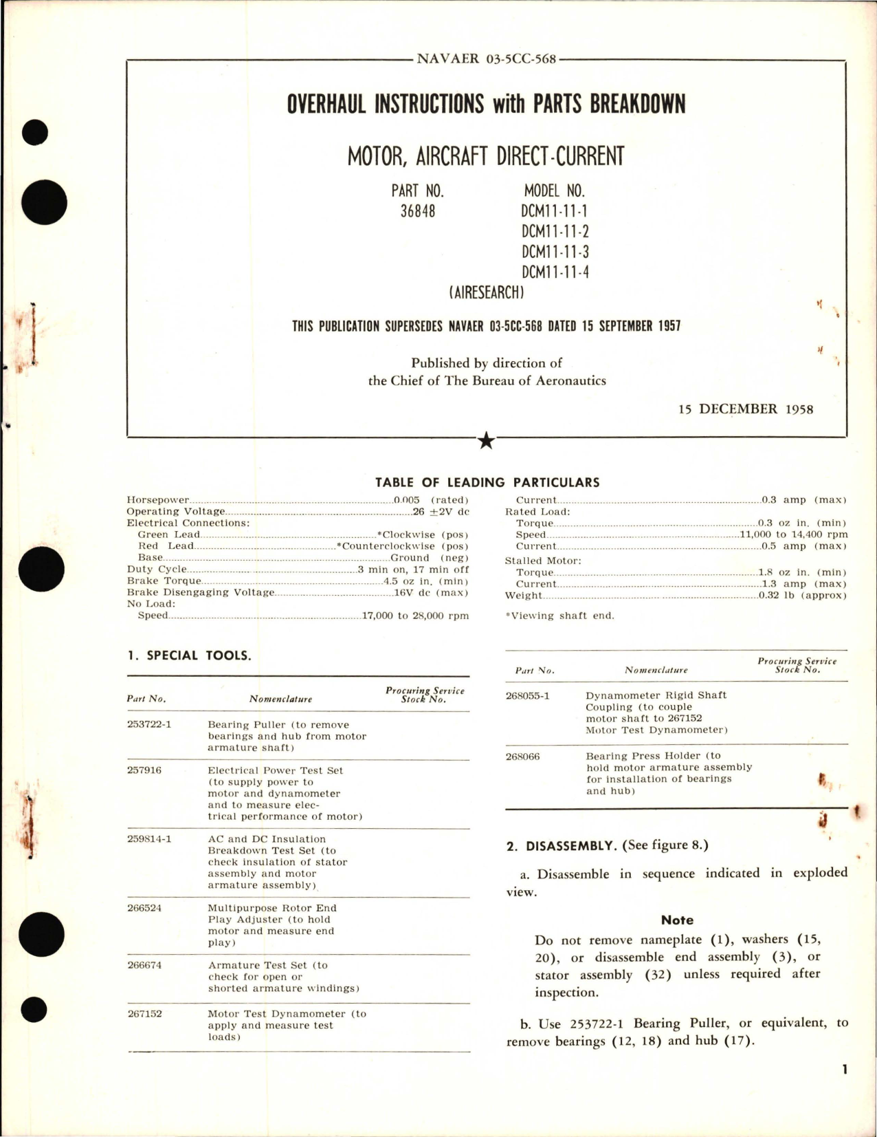 Sample page 1 from AirCorps Library document: Overhaul Instructions with Parts Breakdown for Motor, Aircraft Direct Current - Part 36848 