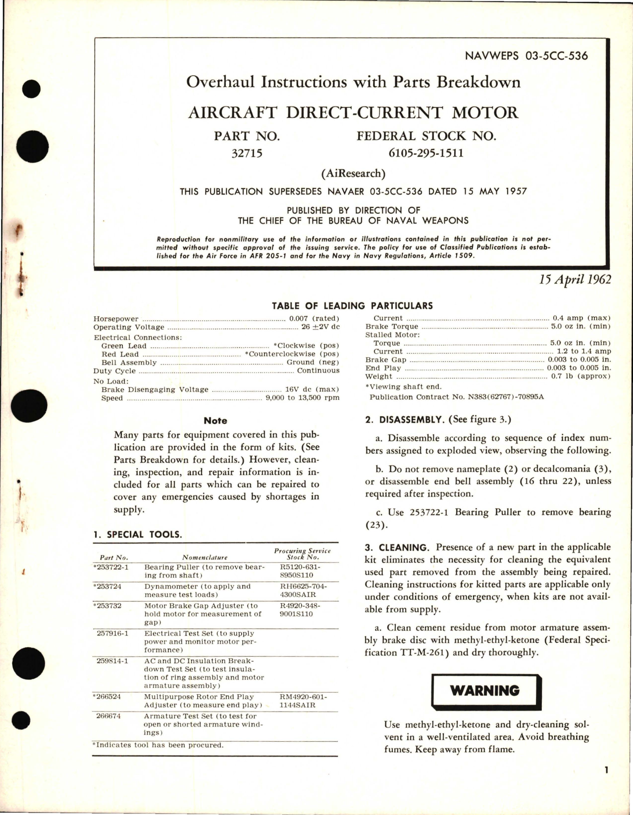 Sample page 1 from AirCorps Library document: Overhaul Instructions with Parts Breakdown for Aircraft Direct Current Motors - Part 32715 