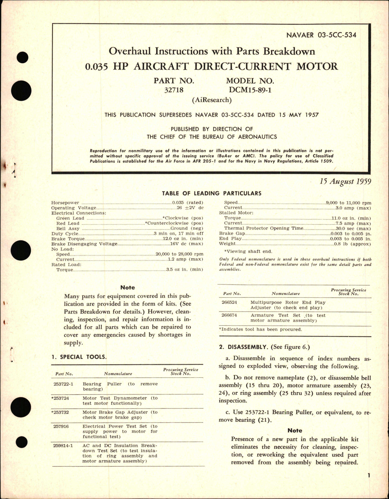 Sample page 1 from AirCorps Library document: Overhaul Instructions with Parts Breakdown for HP Aircraft Direct Current Motor 0.035 - Part 32718