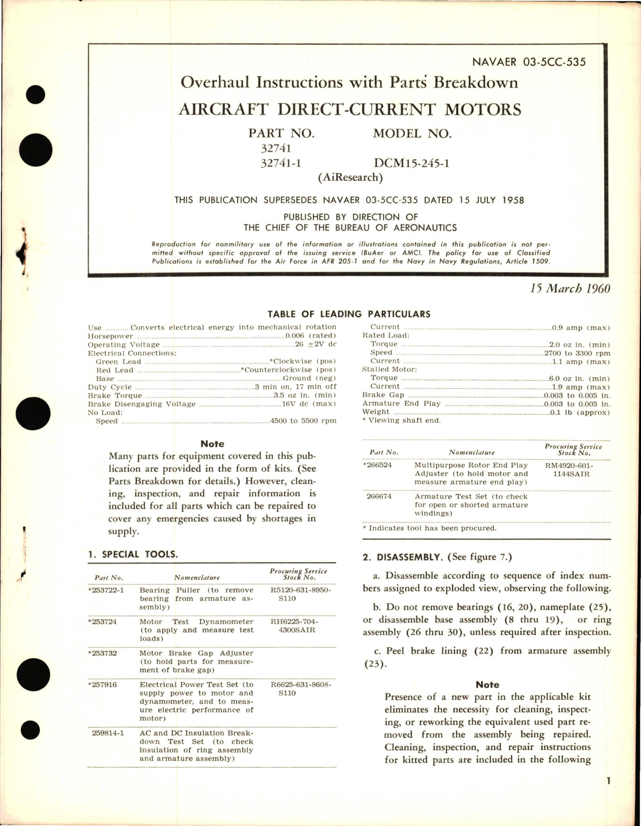 Sample page 1 from AirCorps Library document: Overhaul Instructions with Parts Breakdown for Aircraft Direct Current Motors - Parts 32741 and 32741-1 