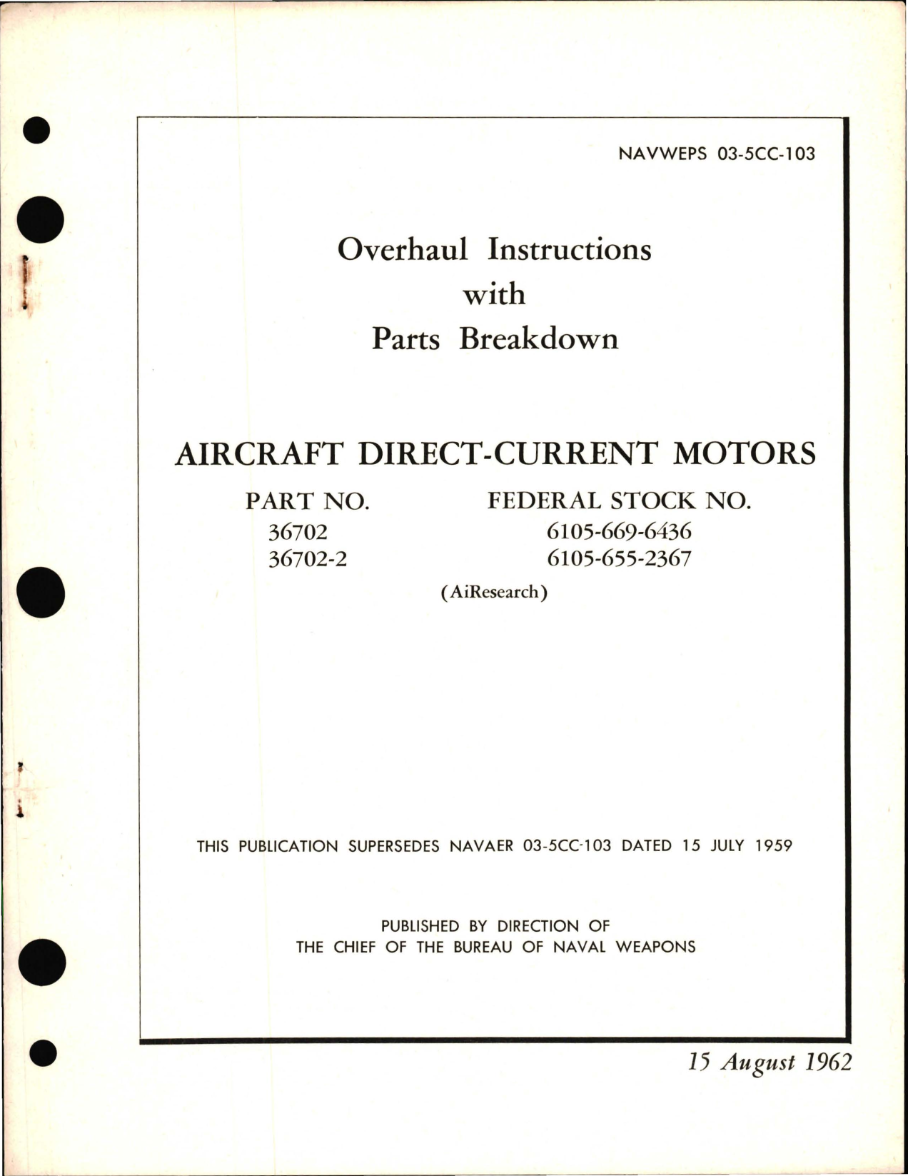 Sample page 1 from AirCorps Library document: Overhaul Instructions with Parts Breakdown for Aircraft Direct Current Motors - Part 36702 and 36702-2 