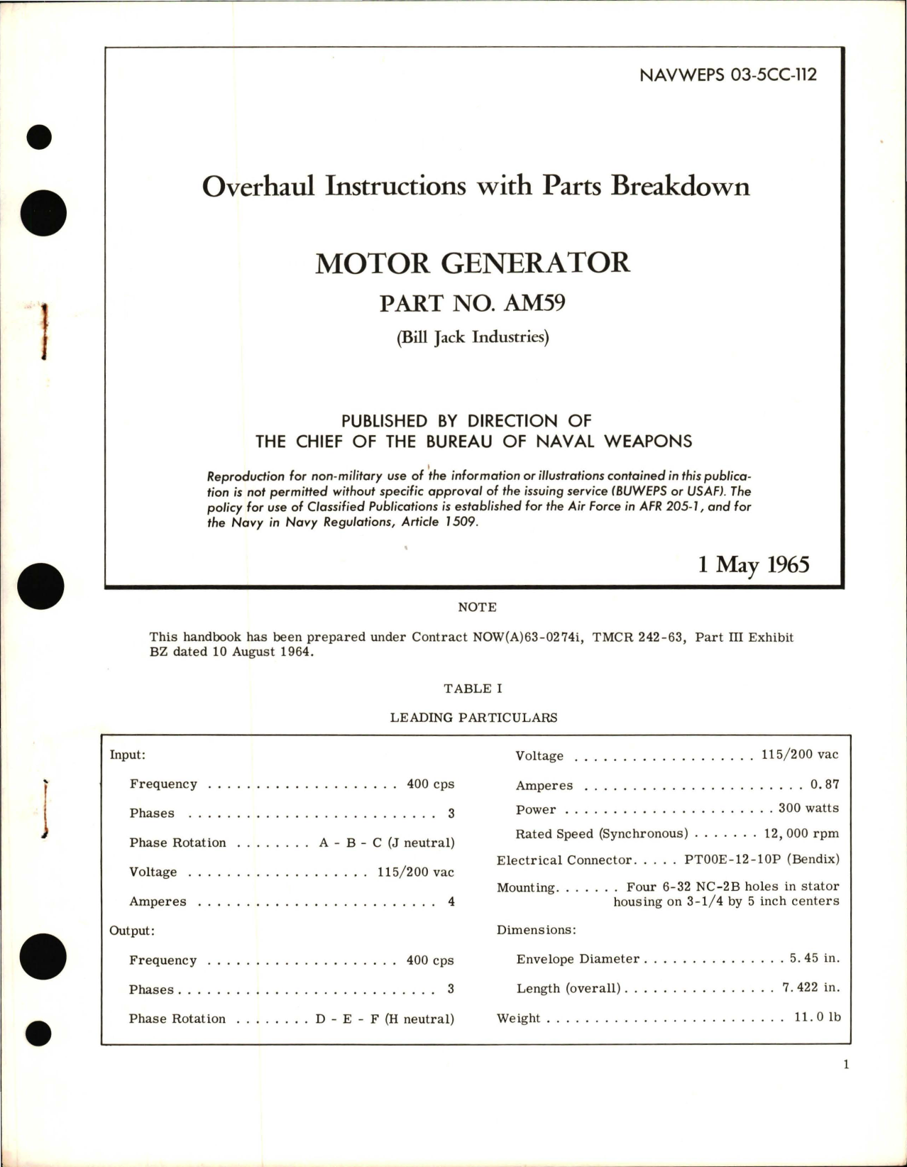 Sample page 1 from AirCorps Library document: Overhaul Instructions with Parts Breakdown for Motor Generator - Part AM59