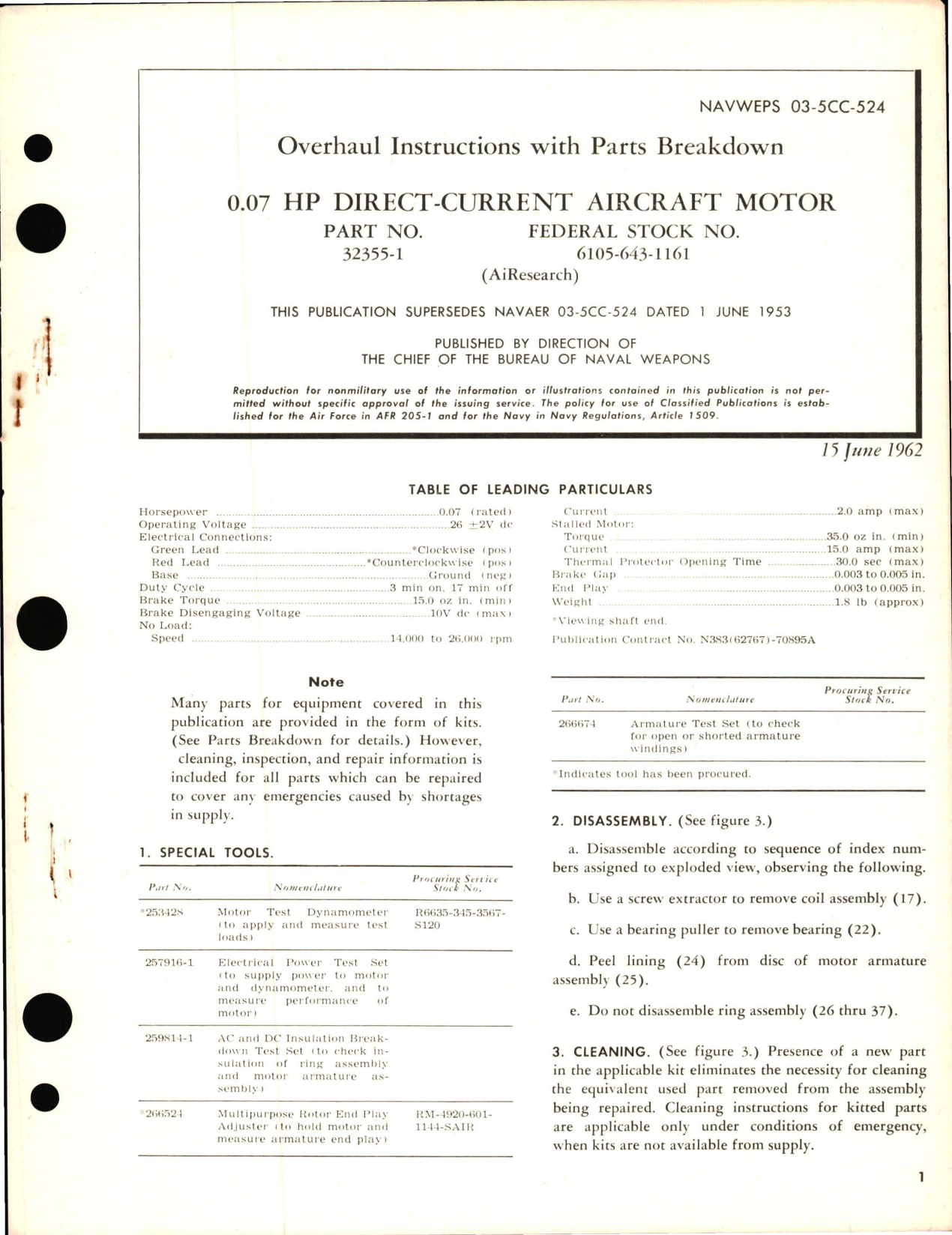 Sample page 1 from AirCorps Library document: Overhaul Instructions with Parts Breakdown for HP Direct Current Aircraft Motor 0.07 - Part 32355-1