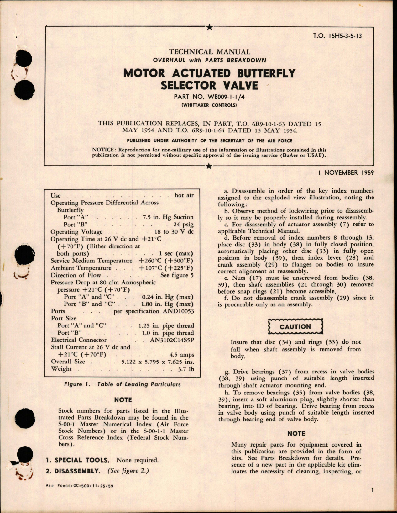 Sample page 1 from AirCorps Library document: Overhaul with Parts Breakdown for Motor Actuated Butterfly Selector Valve - Part WB009-1- 1/4