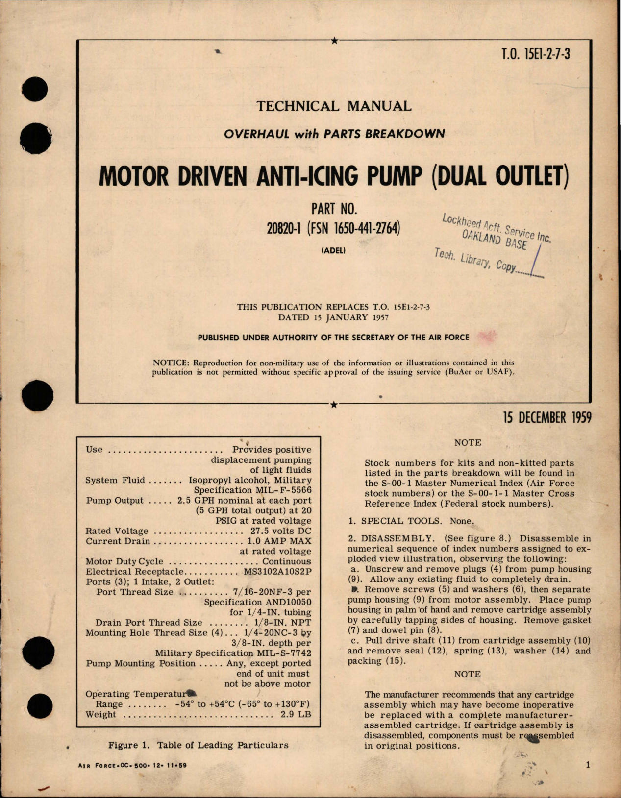 Sample page 1 from AirCorps Library document: Overhaul with Parts Breakdown for Motor Driven Anti-Icing Pump (Dual Outlet) - Part 20820-1 