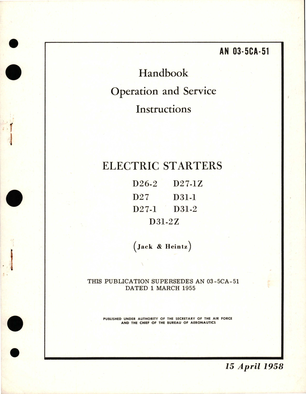 Sample page 1 from AirCorps Library document: Operation and Service Instructions for Electric Starters - D26-2, D27, D27-1, D27-1Z, D31-1, D31-2, D31-2Z 