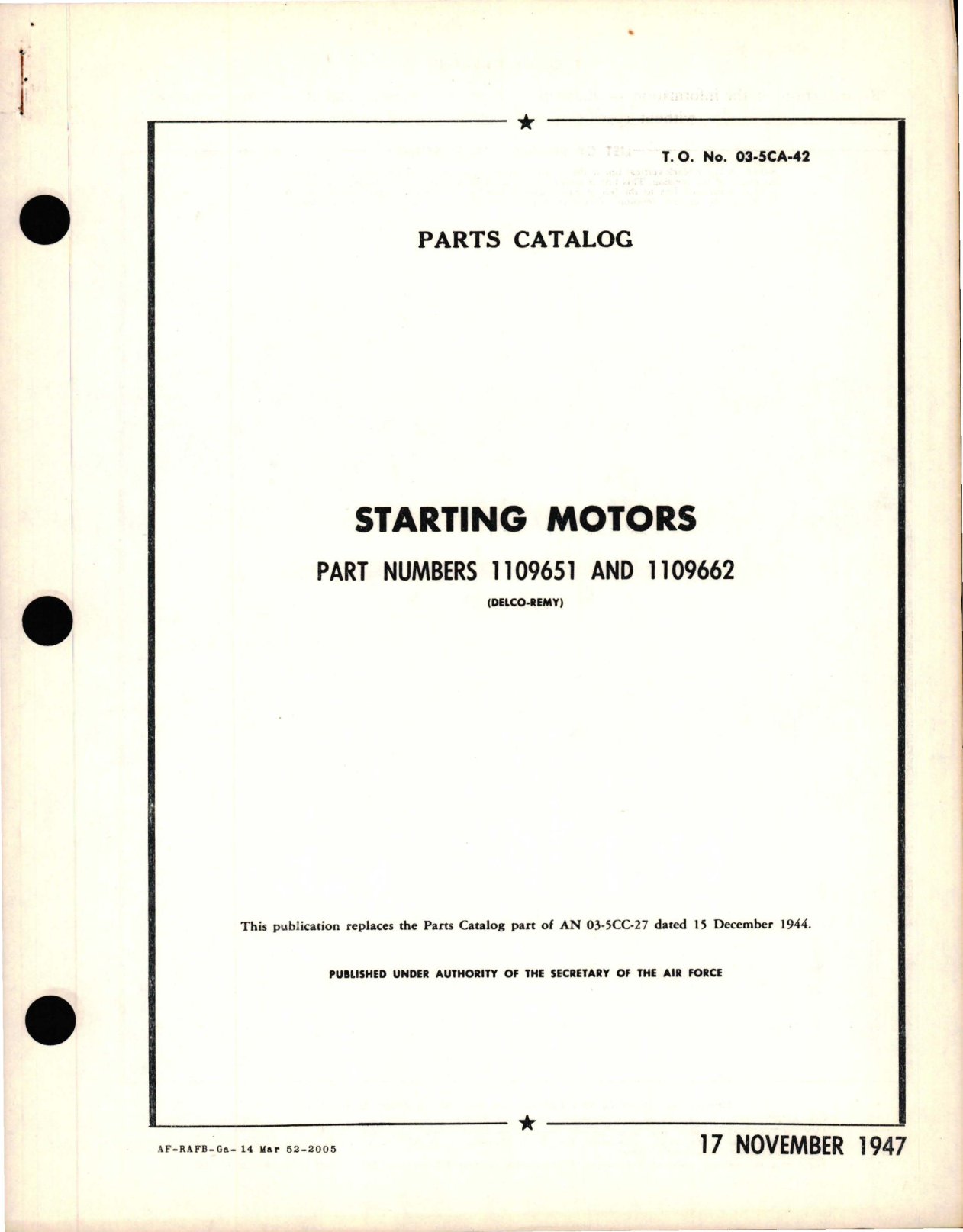 Sample page 1 from AirCorps Library document: Parts Catalog for Starting Motors - Parts 1109651 and 1109662