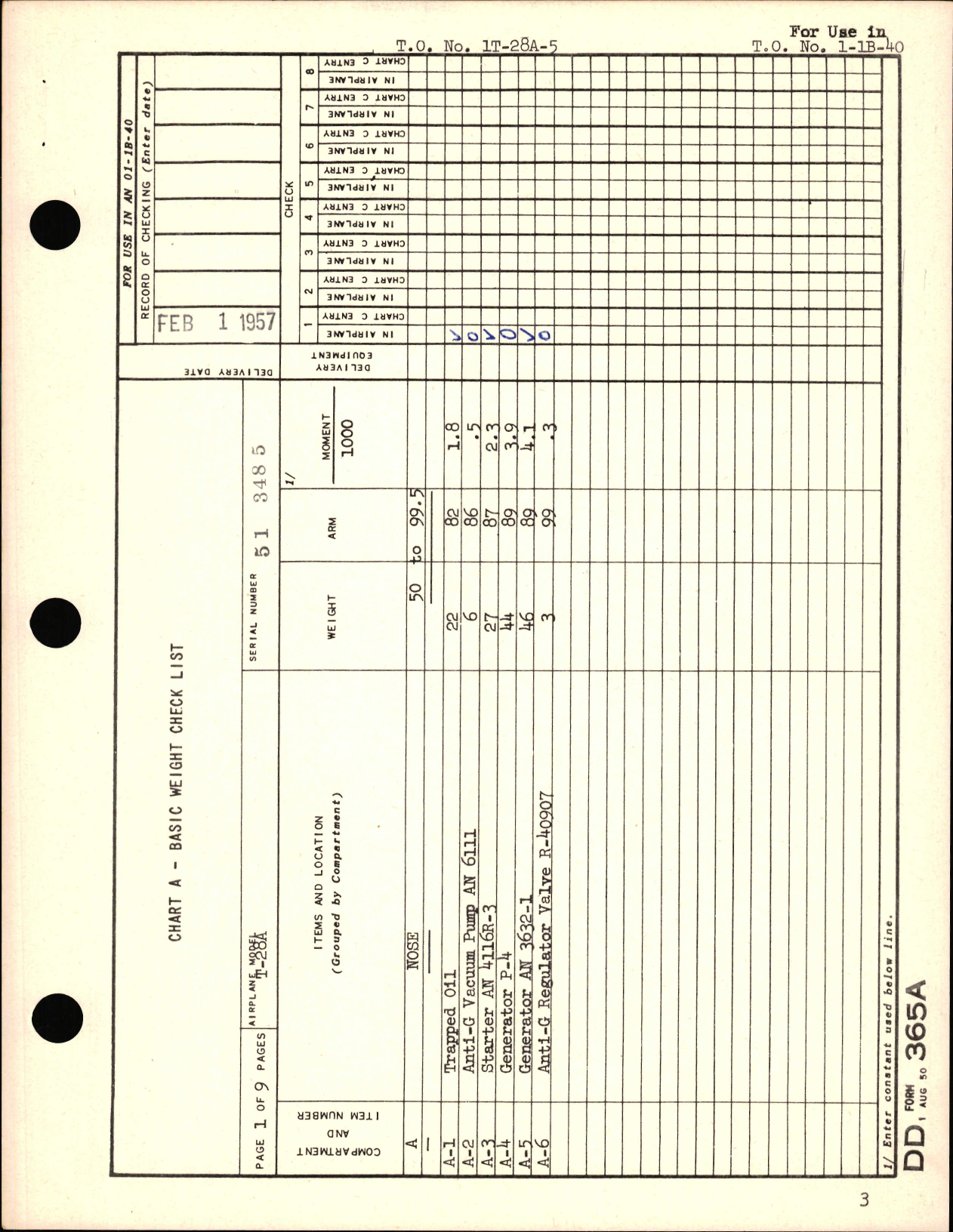 Sample page 5 from AirCorps Library document: Basic Weight Check List and Loading Data for T-28A