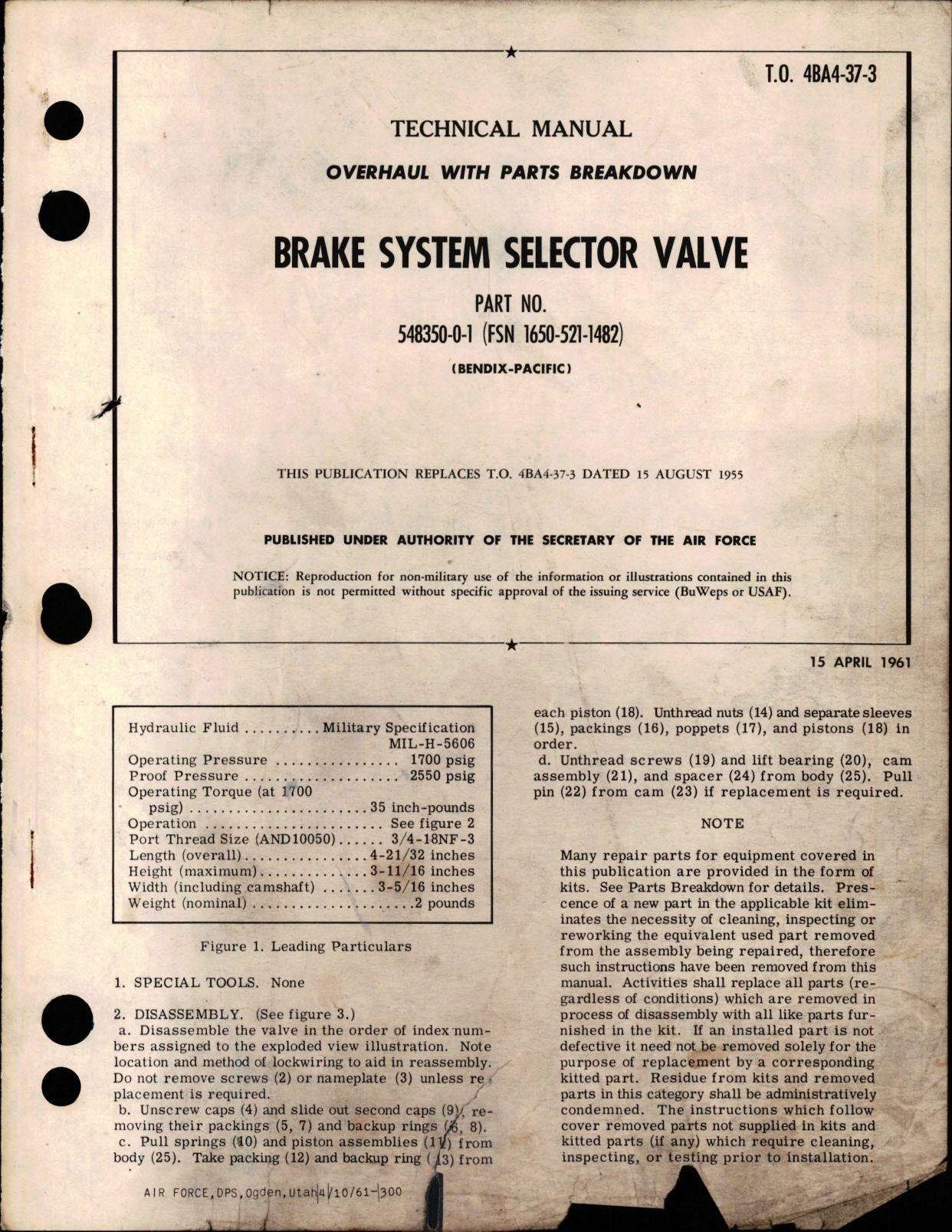 Sample page 1 from AirCorps Library document: Overhaul with Parts Breakdown for Brake System Selector Valve - Part 548350-0-1 