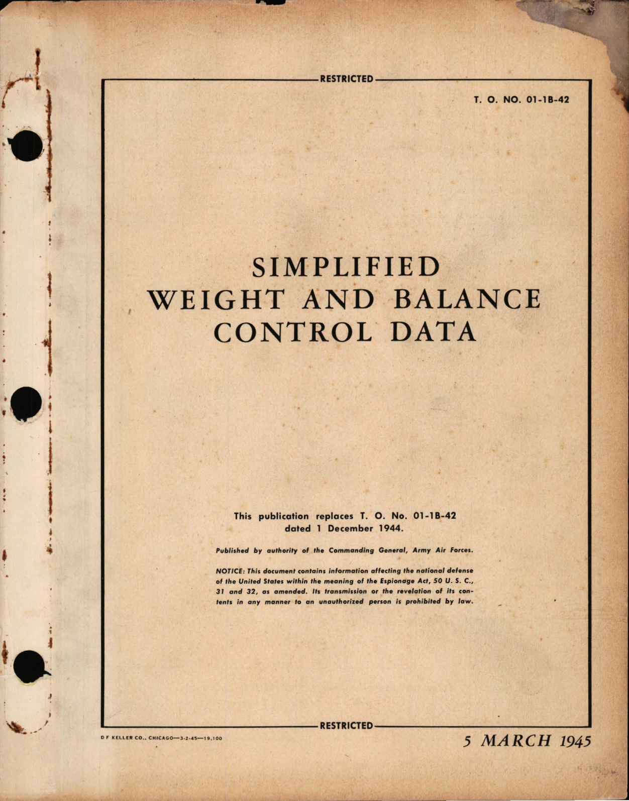 Sample page 1 from AirCorps Library document: Simplified Weight and Balance Control Data