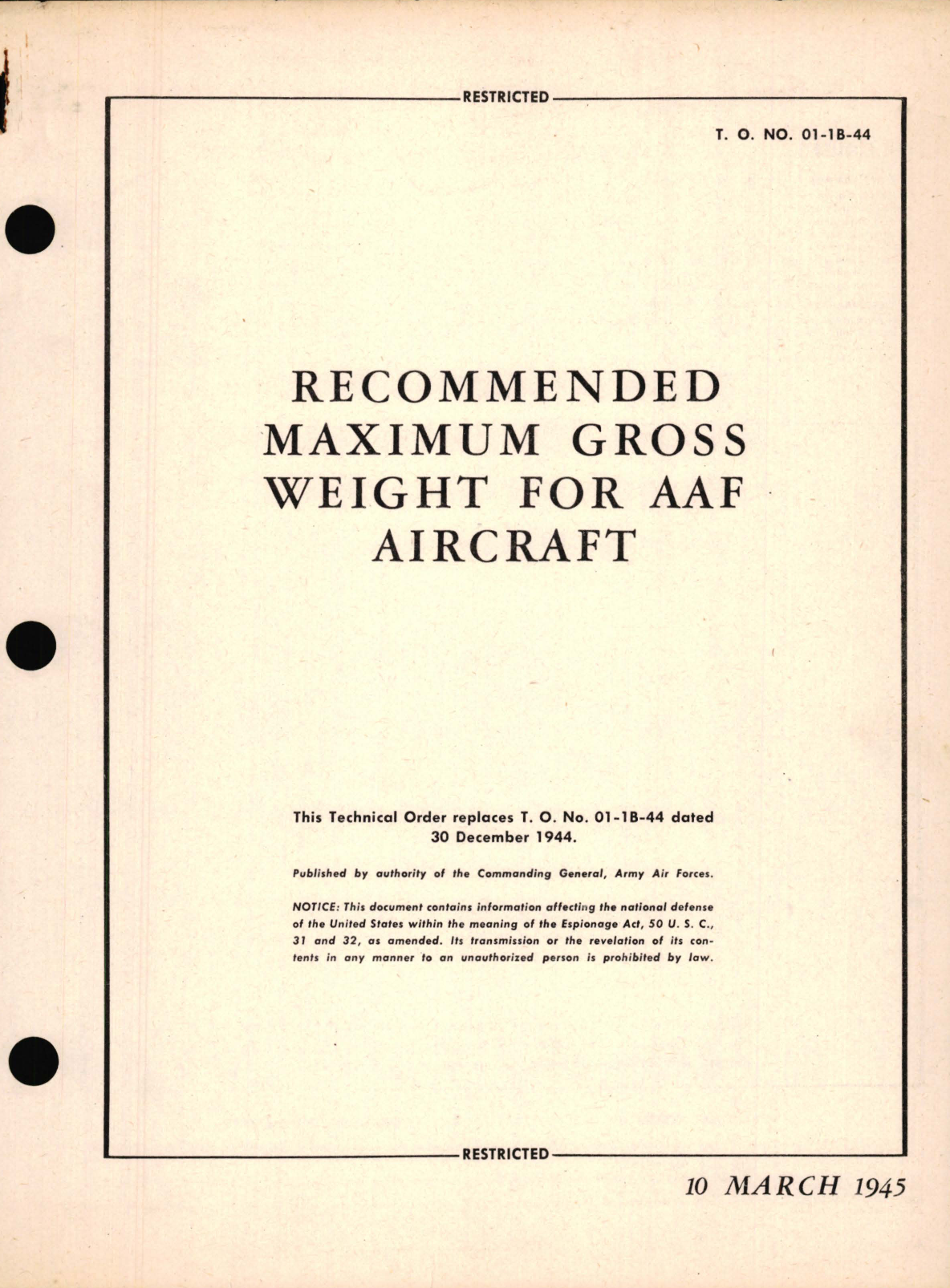 Sample page 1 from AirCorps Library document: Recommended Maximum Gross Weight for AAF Aircraft