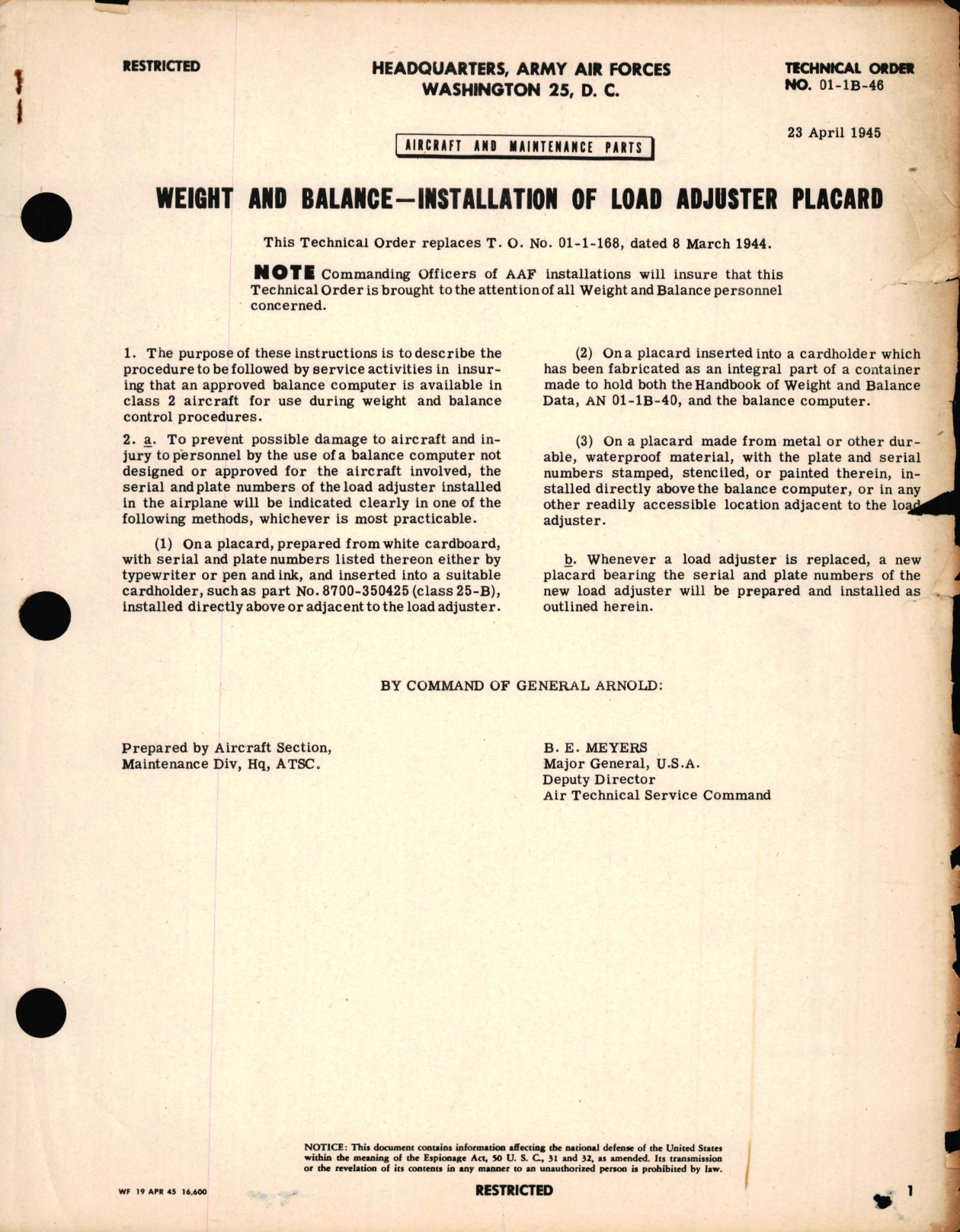 Sample page 1 from AirCorps Library document: Weight and Balance-Installation of Load Adjuster Placard