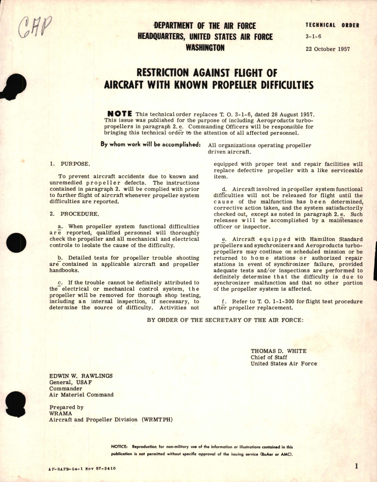 Sample page 1 from AirCorps Library document: Restriction Against Flight of Aircraft with Know Propeller Difficulties