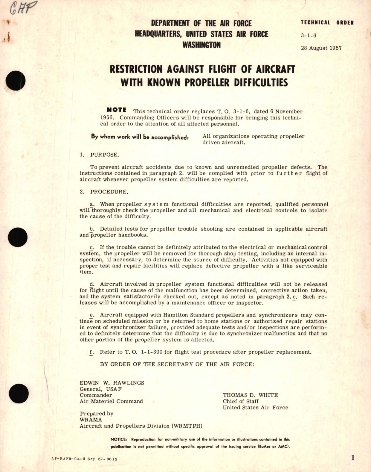 Sample page 1 from AirCorps Library document: Restriction Against Flight of Aircraft with Know Propeller Difficulties