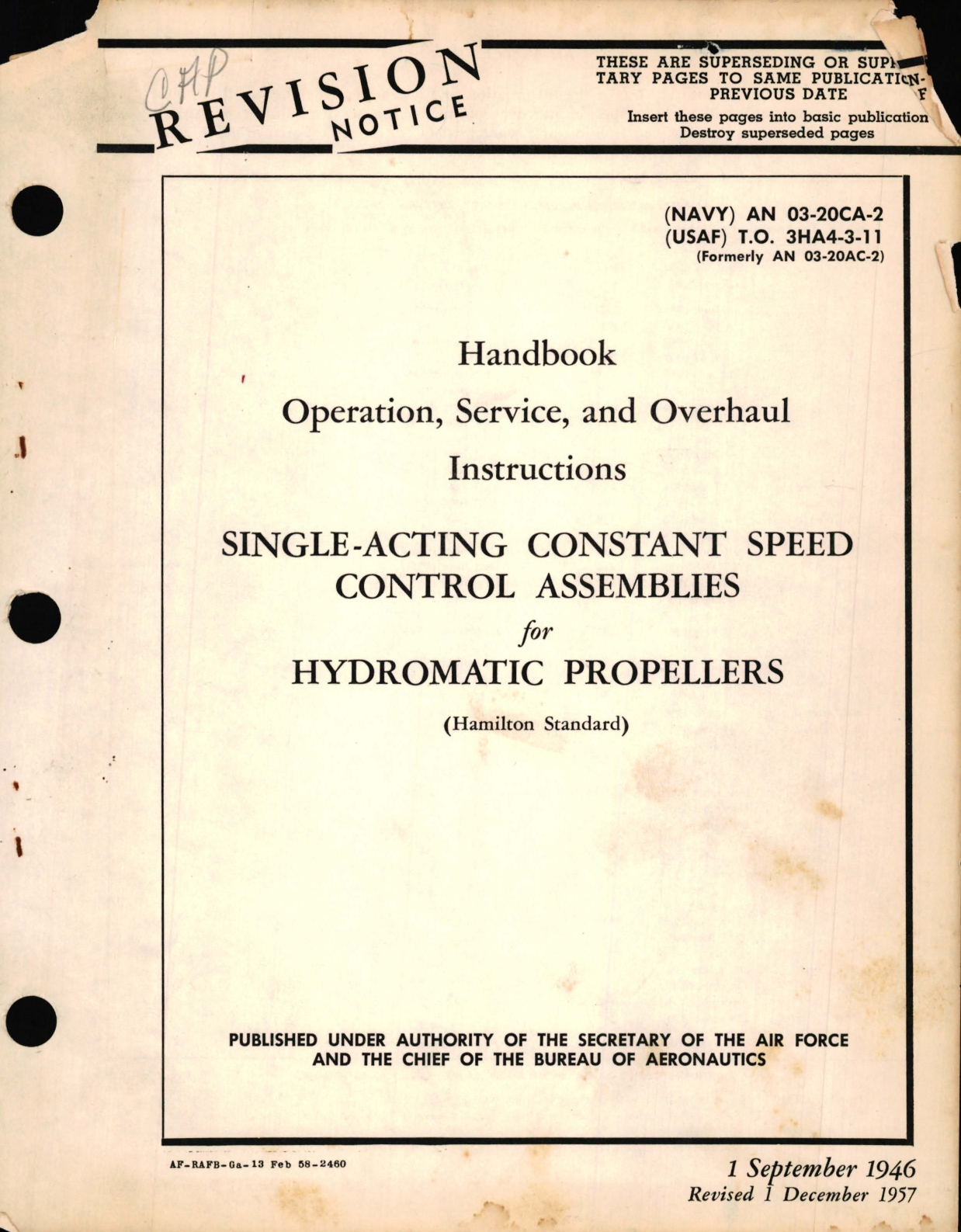 Sample page 1 from AirCorps Library document: Operation, Service, and Overhaul Instructions for Single-Acting Constant Speed Control Assemblies for Hydromatic Propellers 