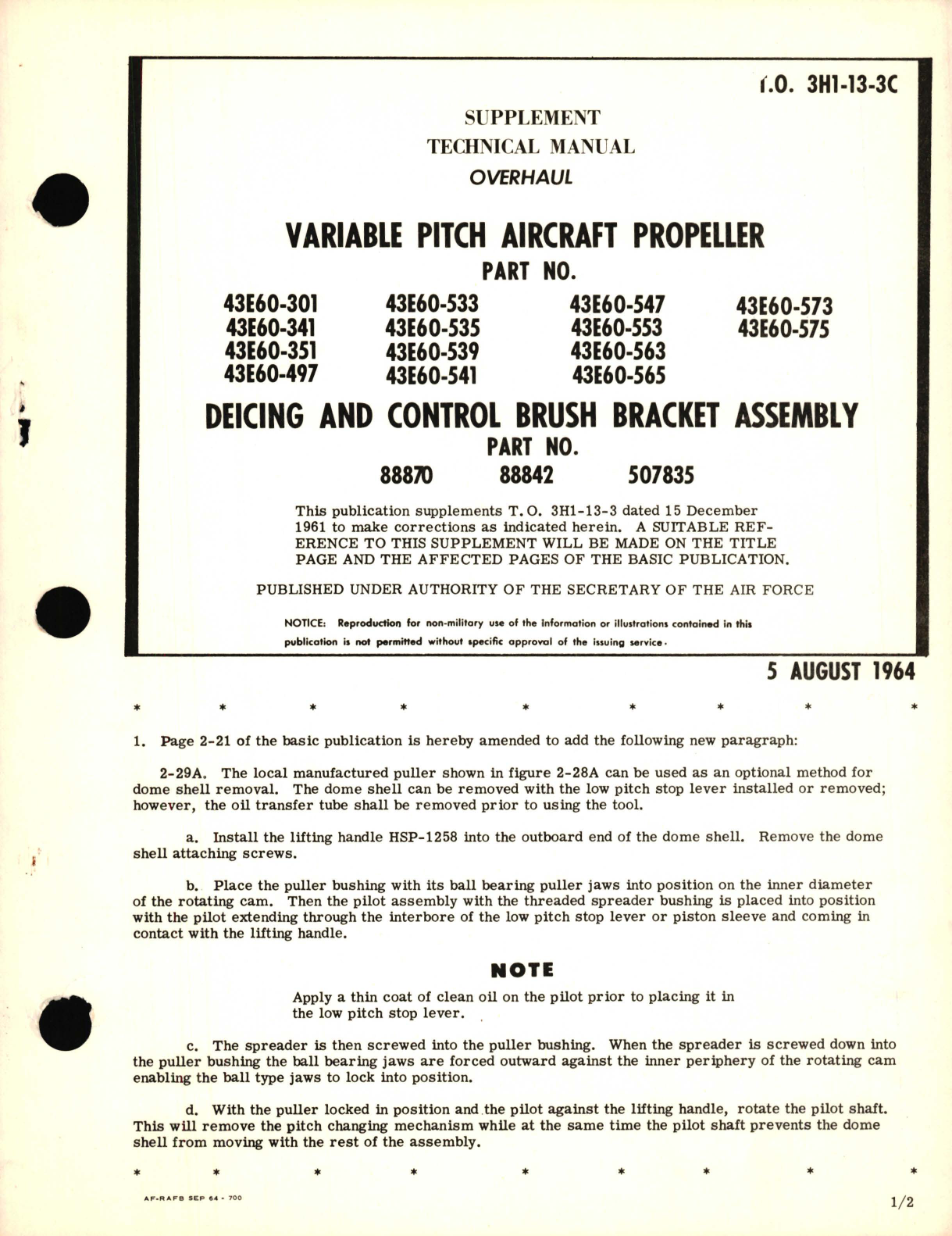 Sample page 1 from AirCorps Library document: Supplement Overhaul for Variable Pitch Aircraft Propeller 43E60 Deicing and Control Brush Bracket Assembly Part No. 88870, 88842, 507835 