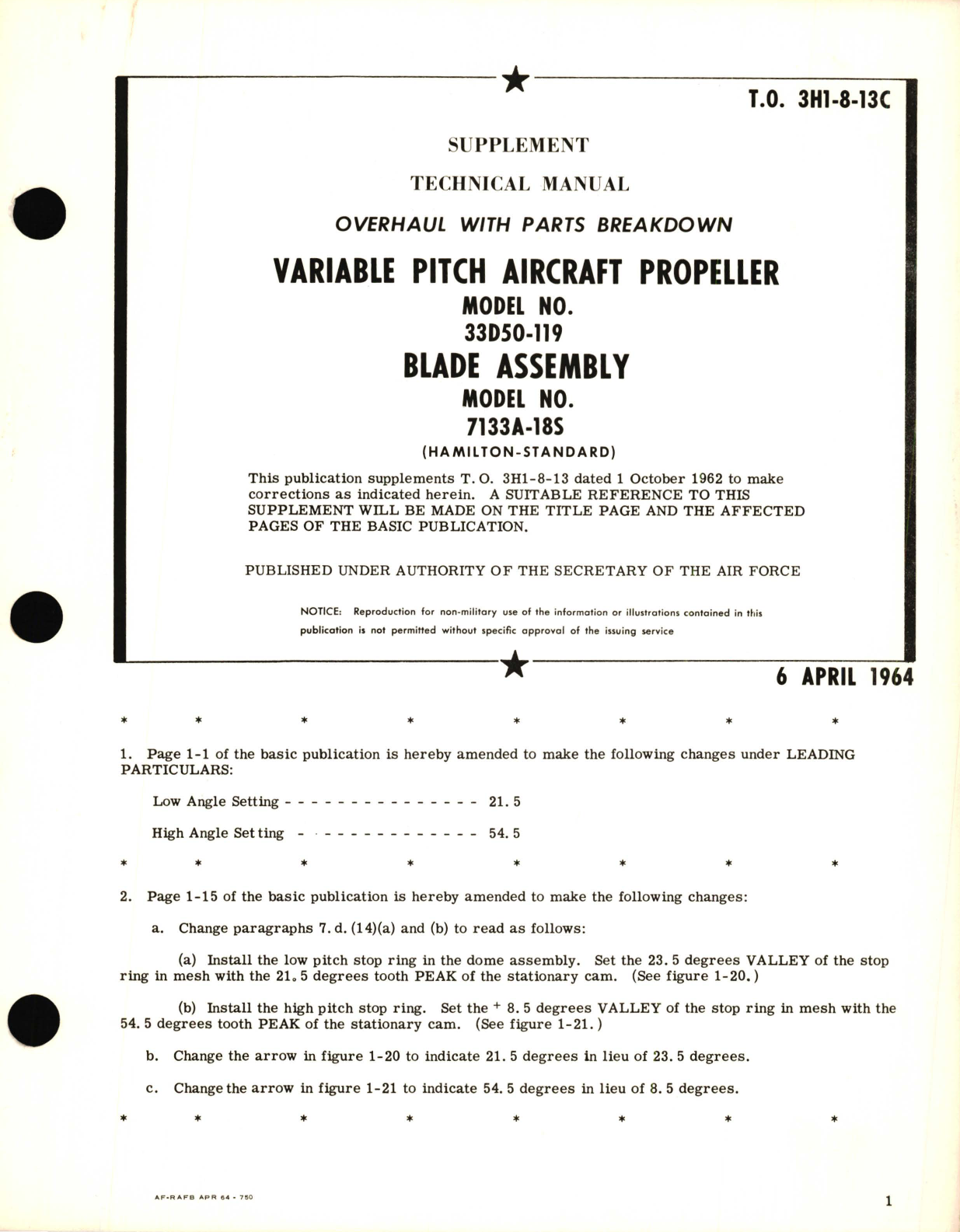 Sample page 1 from AirCorps Library document: Supplement Overhaul with Parts Breakdown  for Variable Pitch Aircraft Propeller Model 33D50-119 Blade Assembly Model No. 7133A-18S