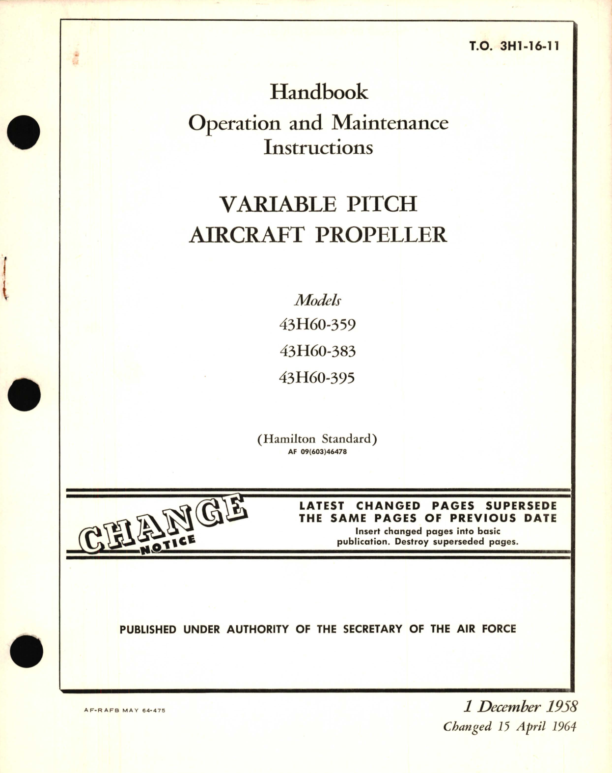 Sample page 1 from AirCorps Library document: Operation and Maintenance Instructions for Variable Pitch Aircraft Propeller Models 43H60-359, 43H60-383, 43H60-395 