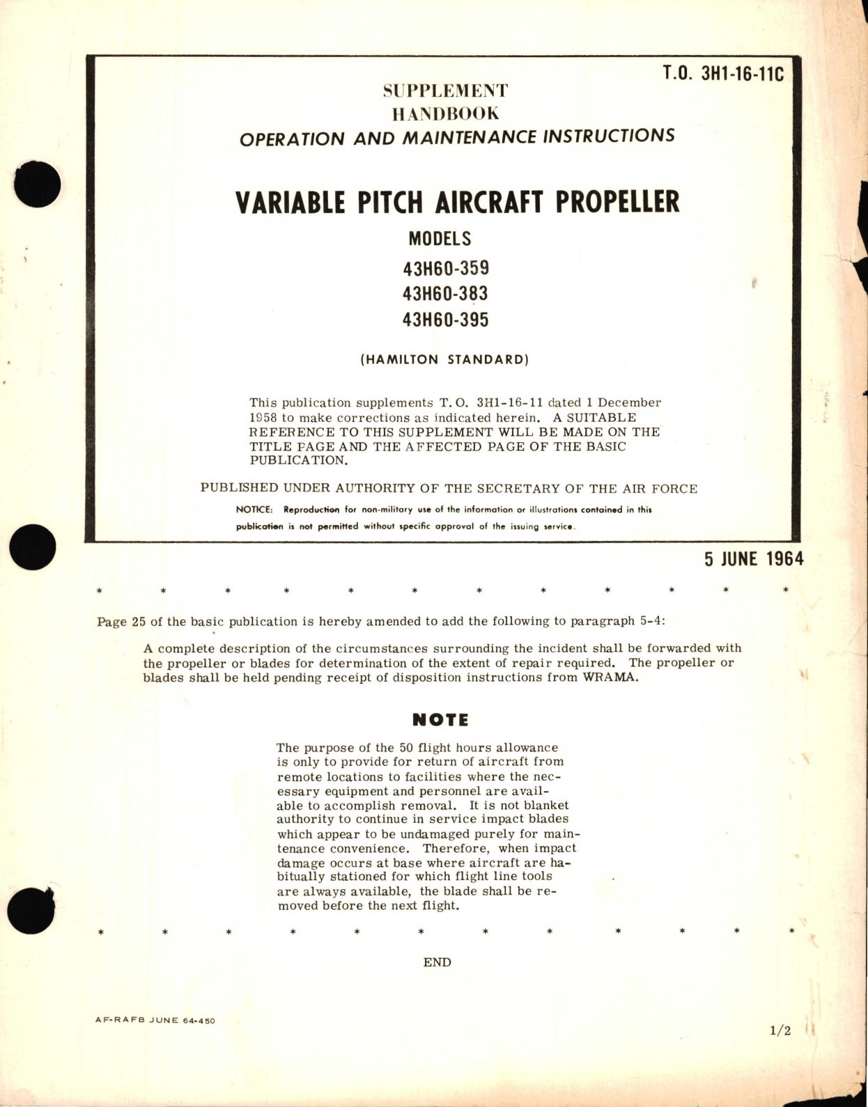 Sample page 1 from AirCorps Library document: Supplement Operation and Maintenance Instructions for Variable Pitch Aircraft Propeller Models 43H60-359, 43H60-383, 43H60-395