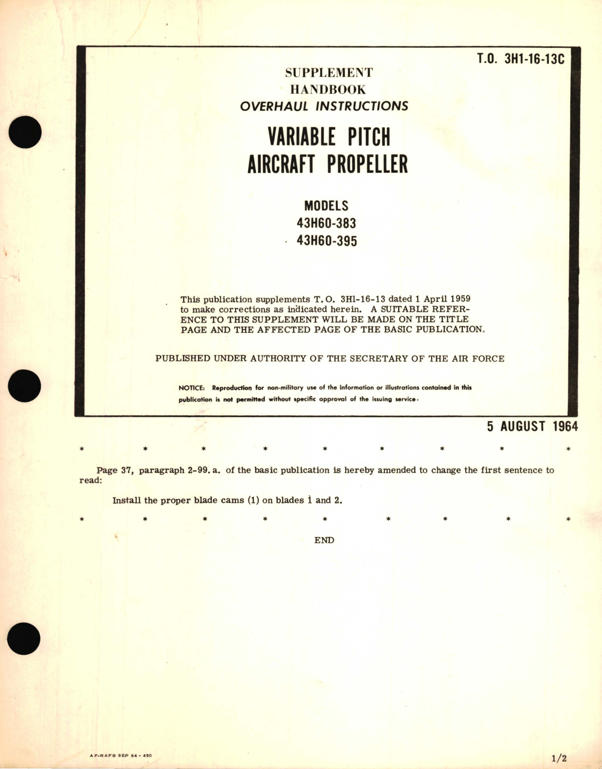 Sample page 1 from AirCorps Library document: Supplement Overhaul Instructions for Variable Pitch Aircraft Propeller Models 43H60-383, 43H60-395