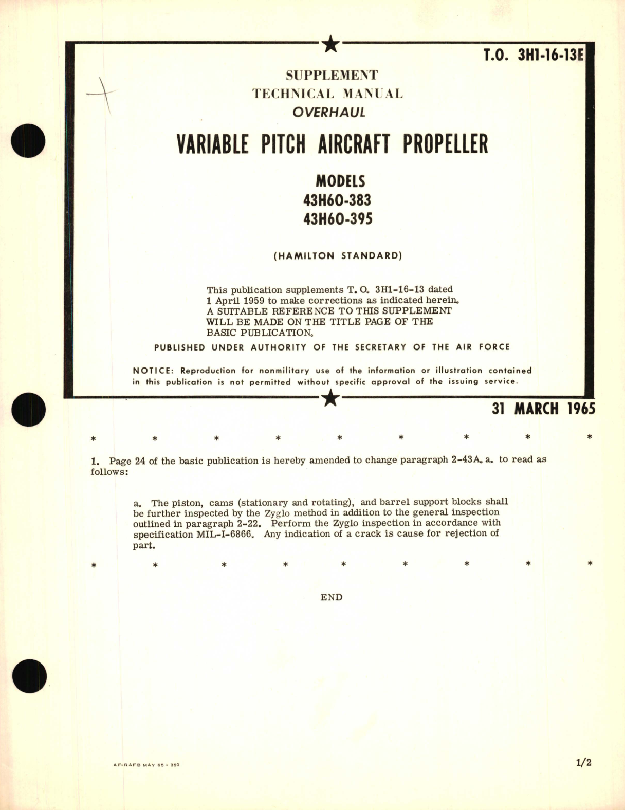 Sample page 1 from AirCorps Library document: Supplement Overhaul for Variable Pitch Aircraft Propeller Models 43H60-383, 43H60-395 