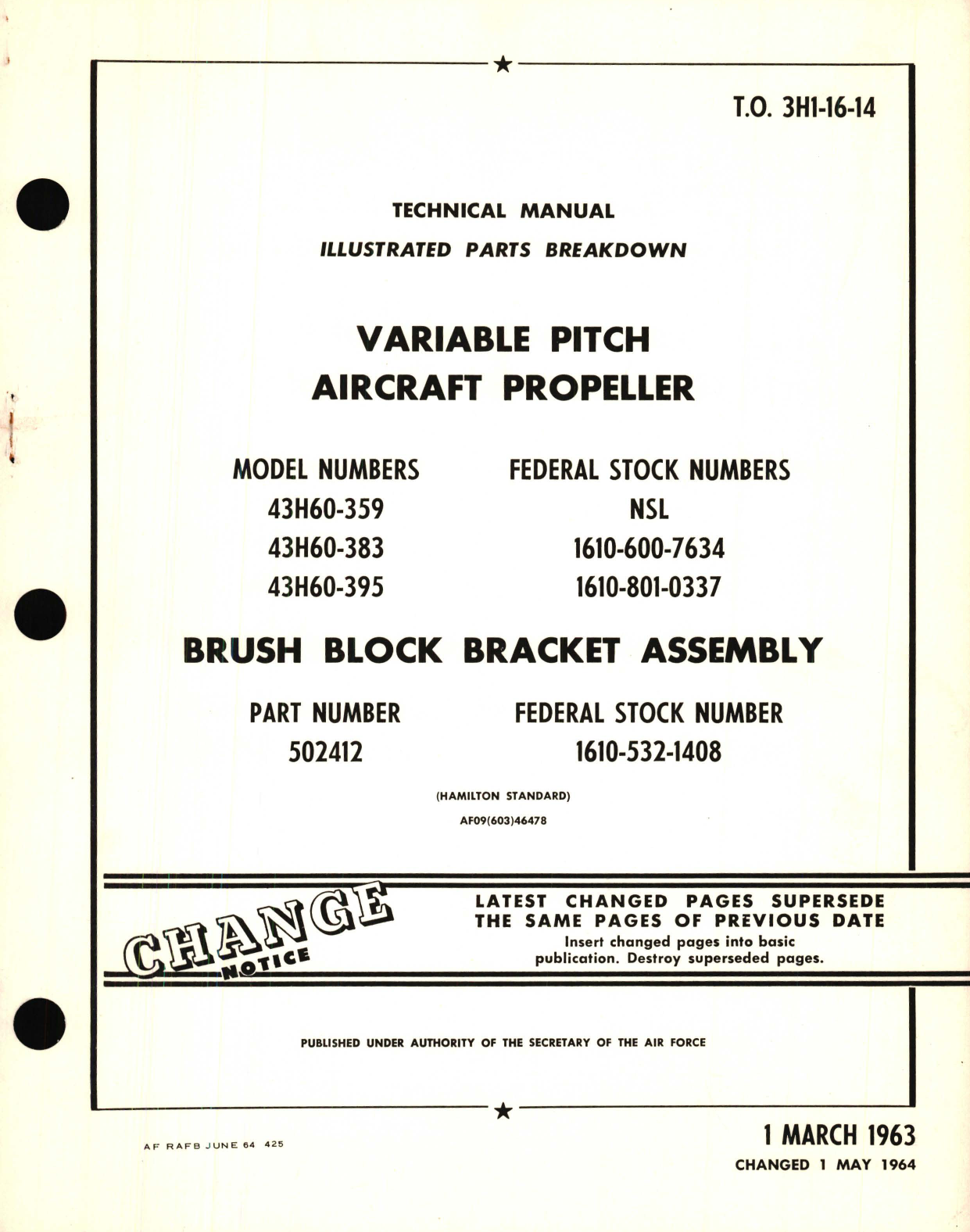 Sample page 1 from AirCorps Library document: Illustrated Parts Breakdown for Variable Pitch Aircraft Propeller Model No. 43H60 Brush Block Bracket Assembly Part No. 502412