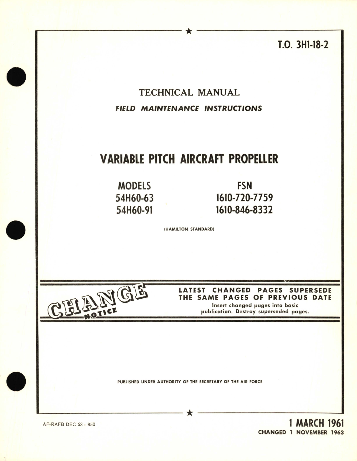 Sample page 1 from AirCorps Library document: Field Maintenance Instructions for Variable Pitch Aircraft Propeller Models 54H60-63, 54H60-91 