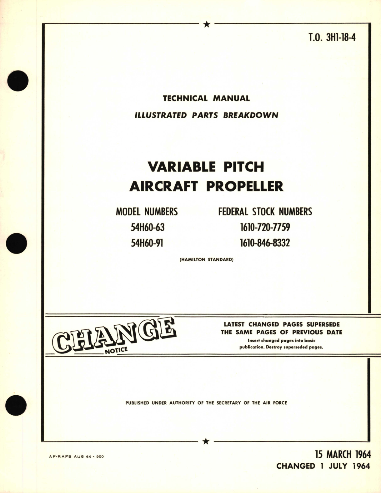 Sample page 1 from AirCorps Library document: Illustrated Parts Breakdown for Variable Pitch Aircraft Propeller Model No. 54H60-63, 54H60-91 