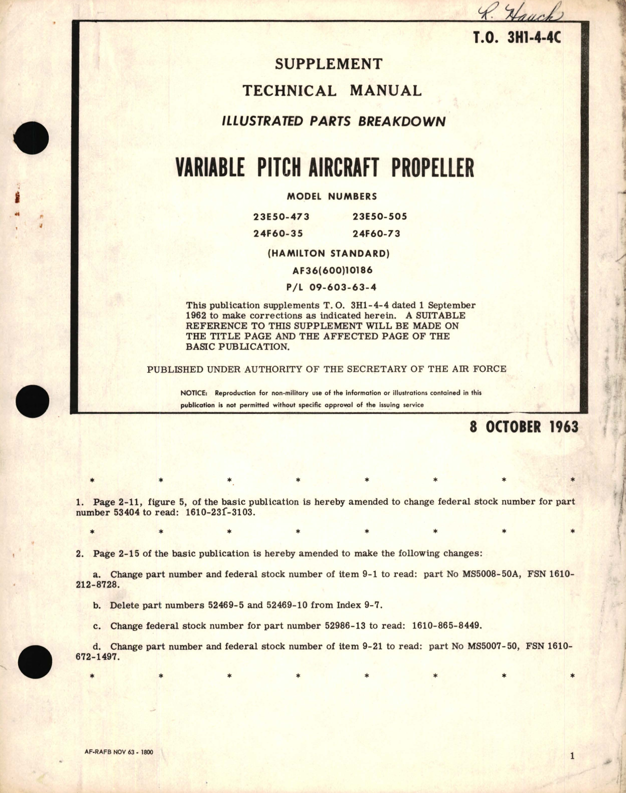 Sample page 1 from AirCorps Library document: Supplement  Illustrated Parts Breakdown for Variable Pitch Aircraft Propeller Model No. 23E50-473, 24F60-35, 23E50- 505, 24F60-73