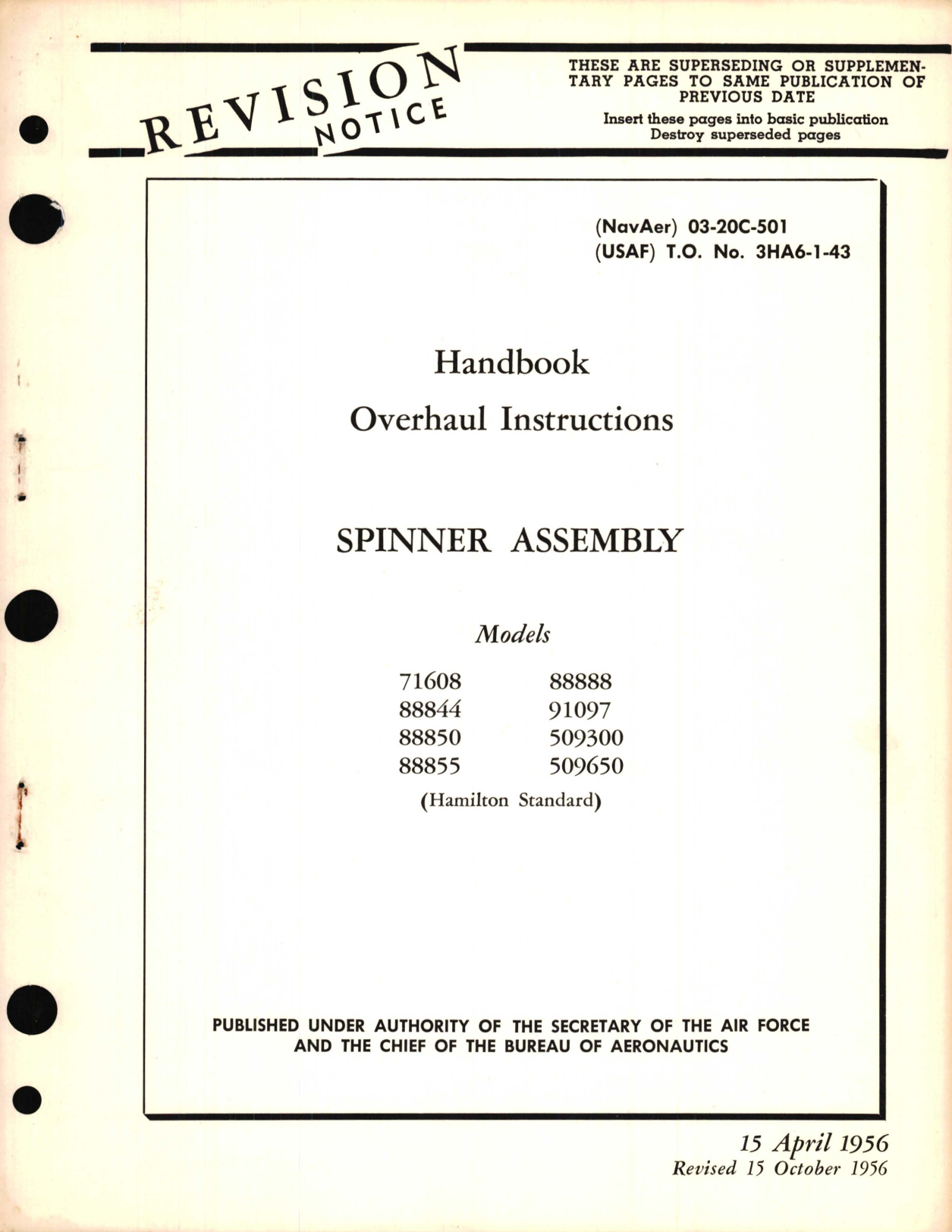 Sample page 1 from AirCorps Library document: Overhaul Instructions for Spinner Assembly Models 71608, 88844, 88850, 88855, 88888, 91097, 509300, 509650