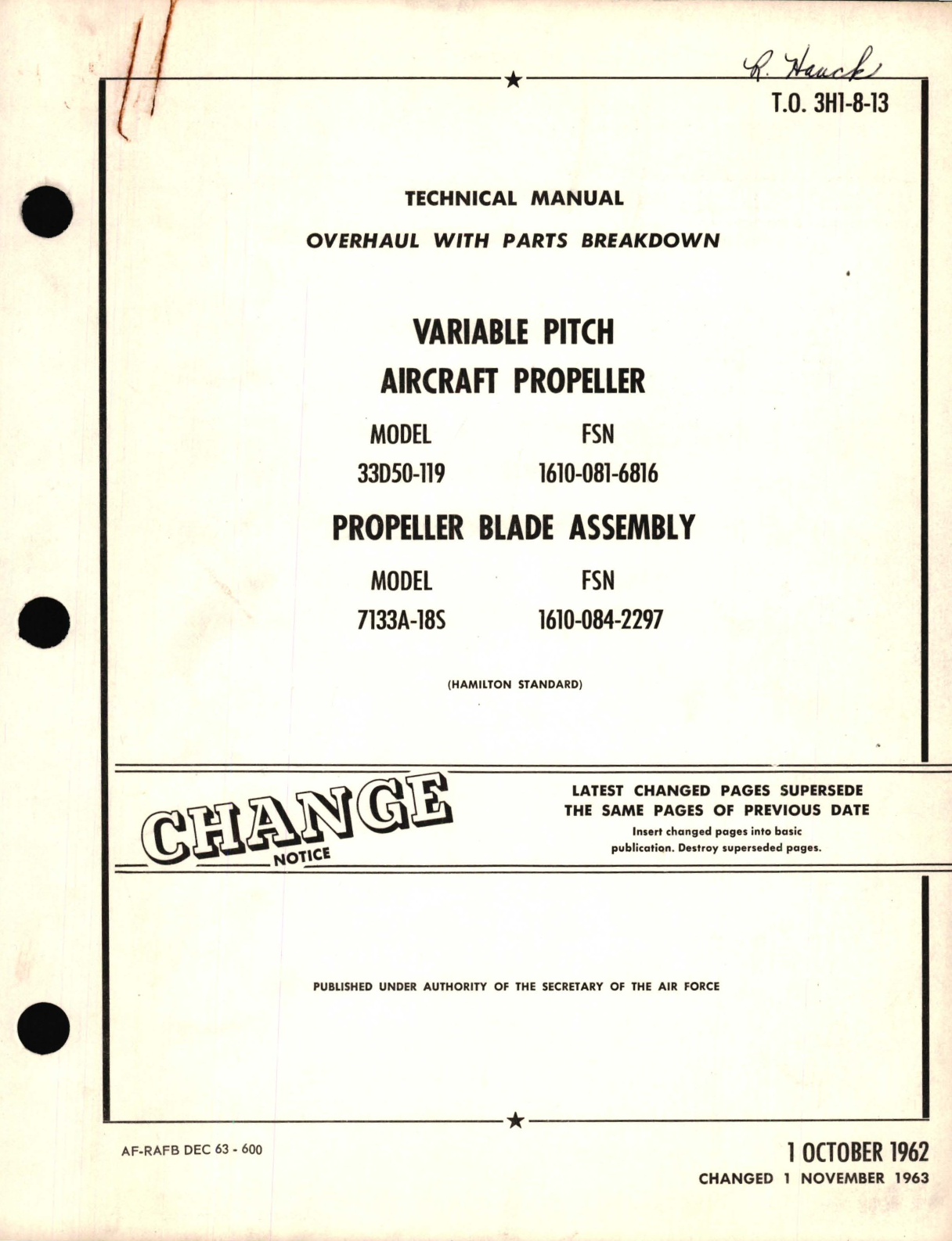 Sample page 1 from AirCorps Library document: Overhaul with Parts Breakdown for Variable Pitch Aircraft Propeller Model 33D50-119 Propeller Blade Assembly Model 7133A-18S