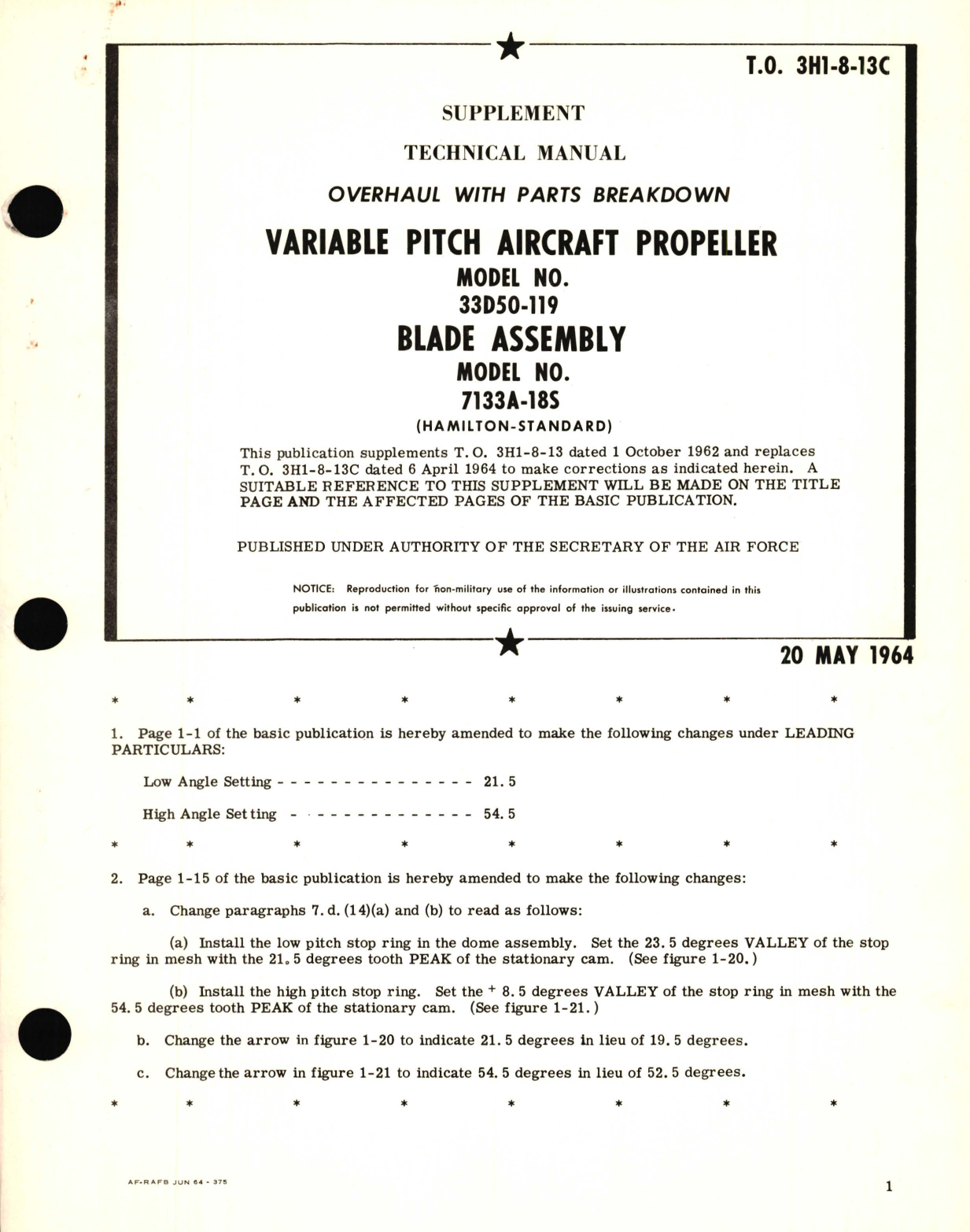 Sample page 1 from AirCorps Library document: Supplement Overhaul with Parts Breakdown for Variable Pitch Aircraft Propeller Model No. 33D50-119 Blade Assembly Model No. 7133A-18S 