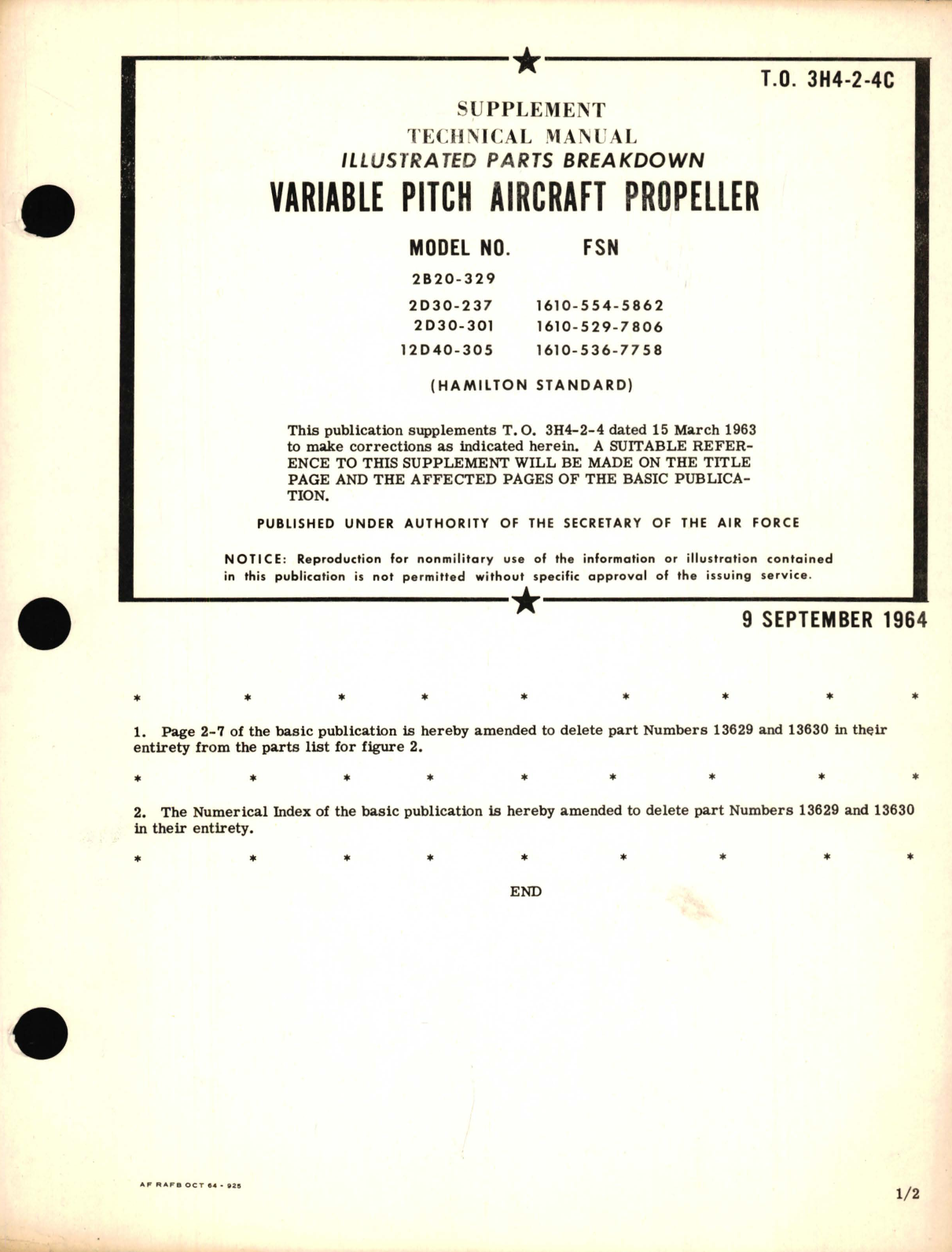 Sample page 1 from AirCorps Library document: Supplement Illustrated Parts Breakdown for Variable Pitch Aircraft Propeller Model No. 2B20-329, 2D30-237, 2D30-301, 12D40-305