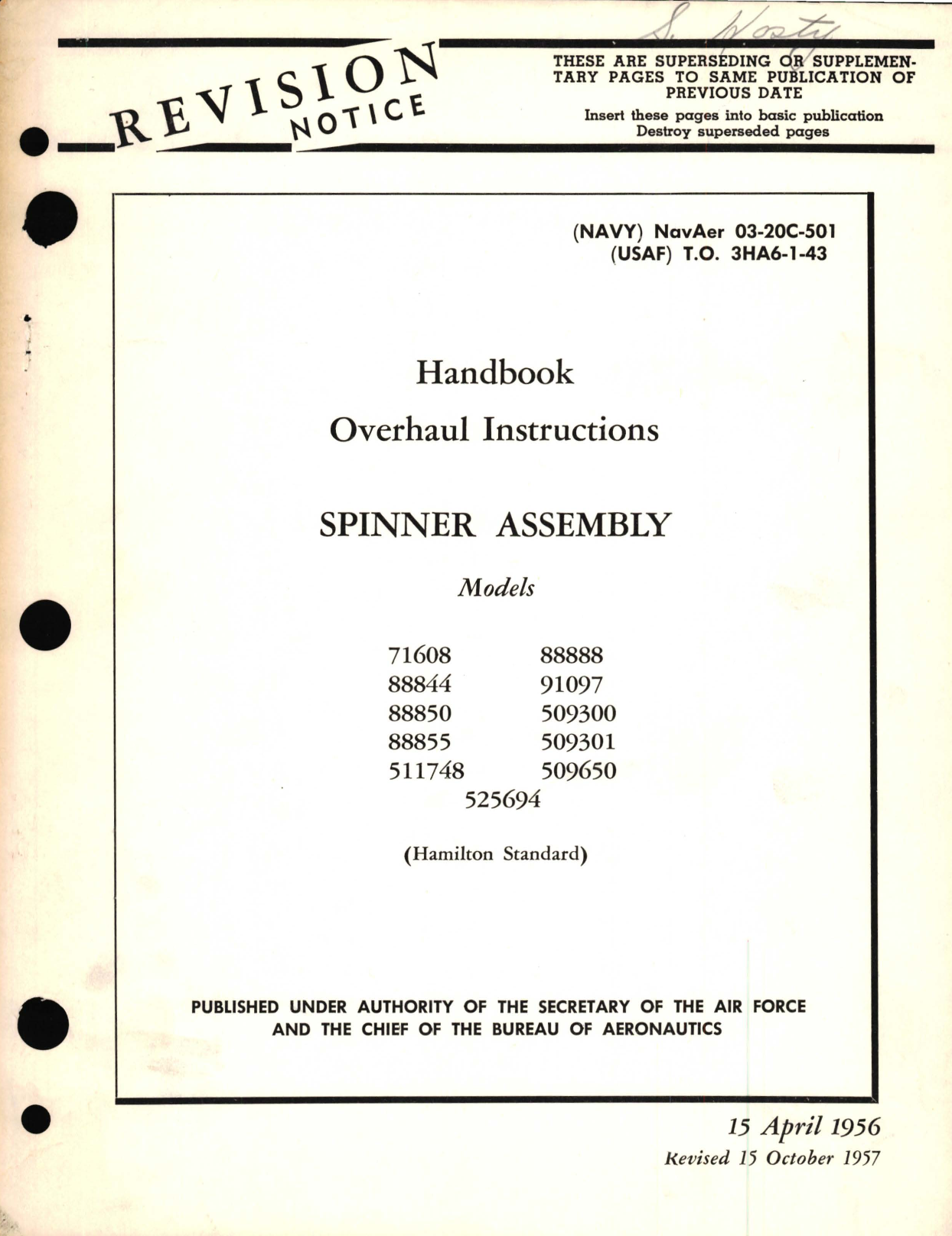 Sample page 1 from AirCorps Library document: Overhaul Instructions for Spinner Assembly Models 71608, 88888, 88844, 91097, 88850, 509300, 88855, 509301, 511748, 509650, 525694