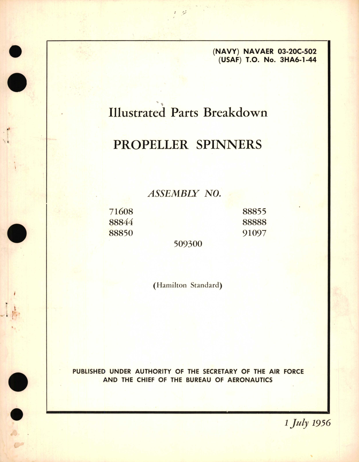 Sample page 1 from AirCorps Library document: Illustrated Parts Breakdown for Propeller Spinners Assembly No. 71608, 88844, 88850, 509300, 88855, 88888, 91097