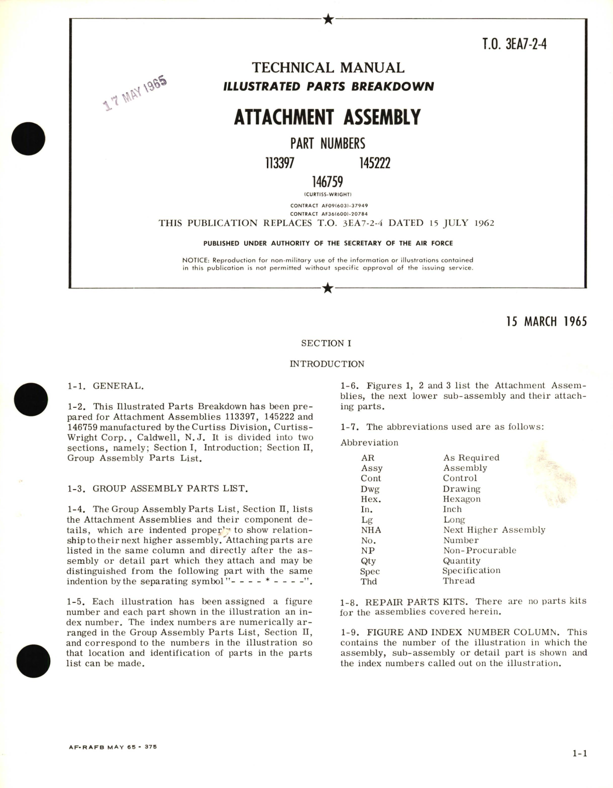 Sample page 1 from AirCorps Library document: Illustrated Parts Breakdown for Attachment Assembly Part  No. 113397, 146759, 145222 