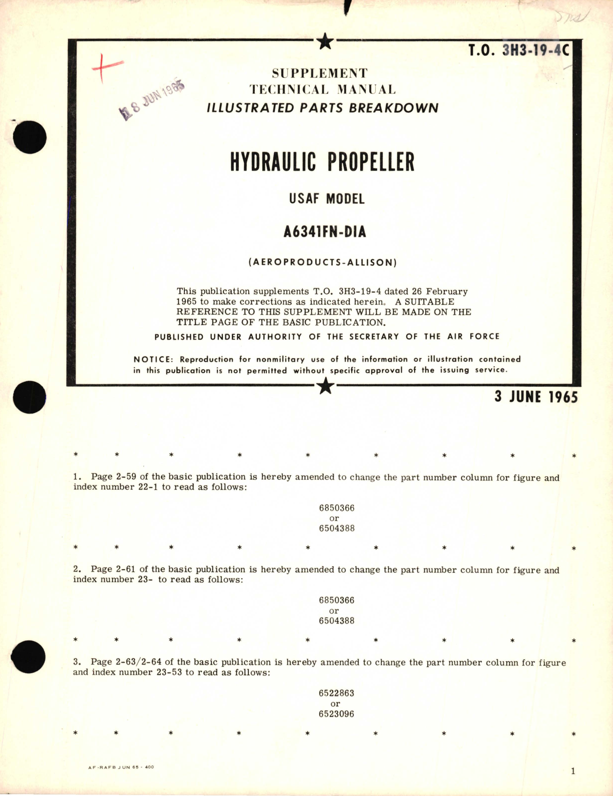 Sample page 1 from AirCorps Library document: Supplement Illustrated Parts Breakdown for Hydraulic Propeller USAF Model A6341FN-DIA 