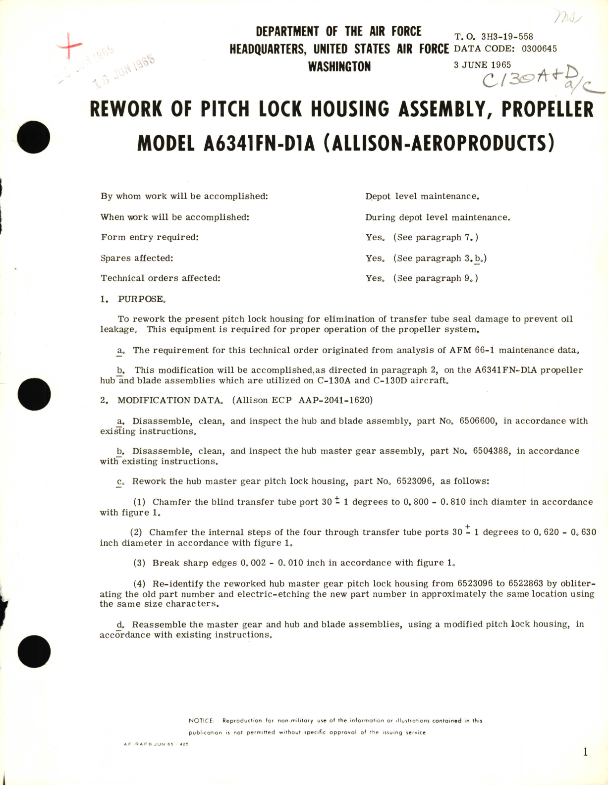 Sample page 1 from AirCorps Library document: Rework of Pitch Lock Housing Assembly, Propeller Model A6341FN-D1A 