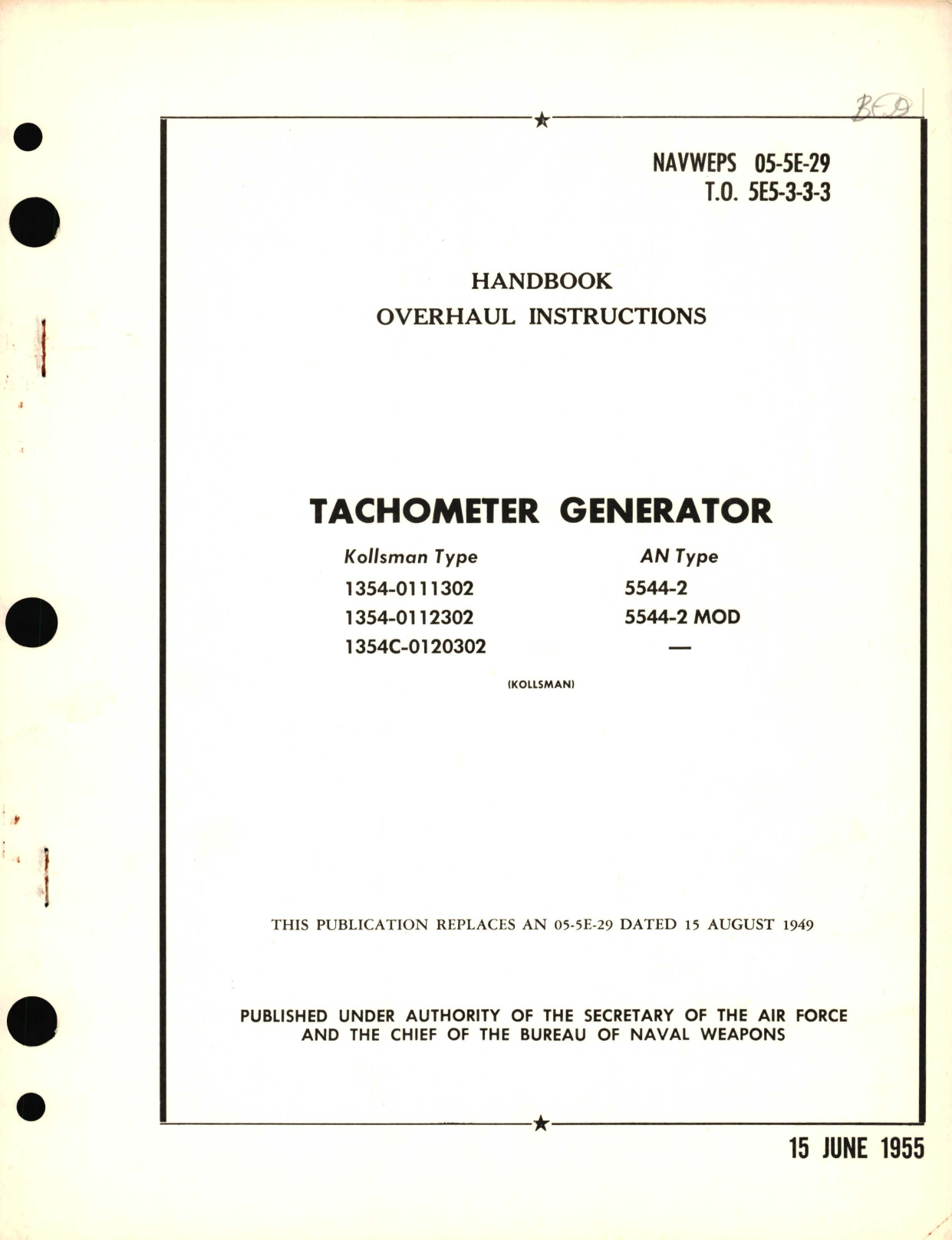 Sample page 1 from AirCorps Library document: Overhaul Instructions for Tachometer Generator Kollsman Type 1354 Type AN 5544-2