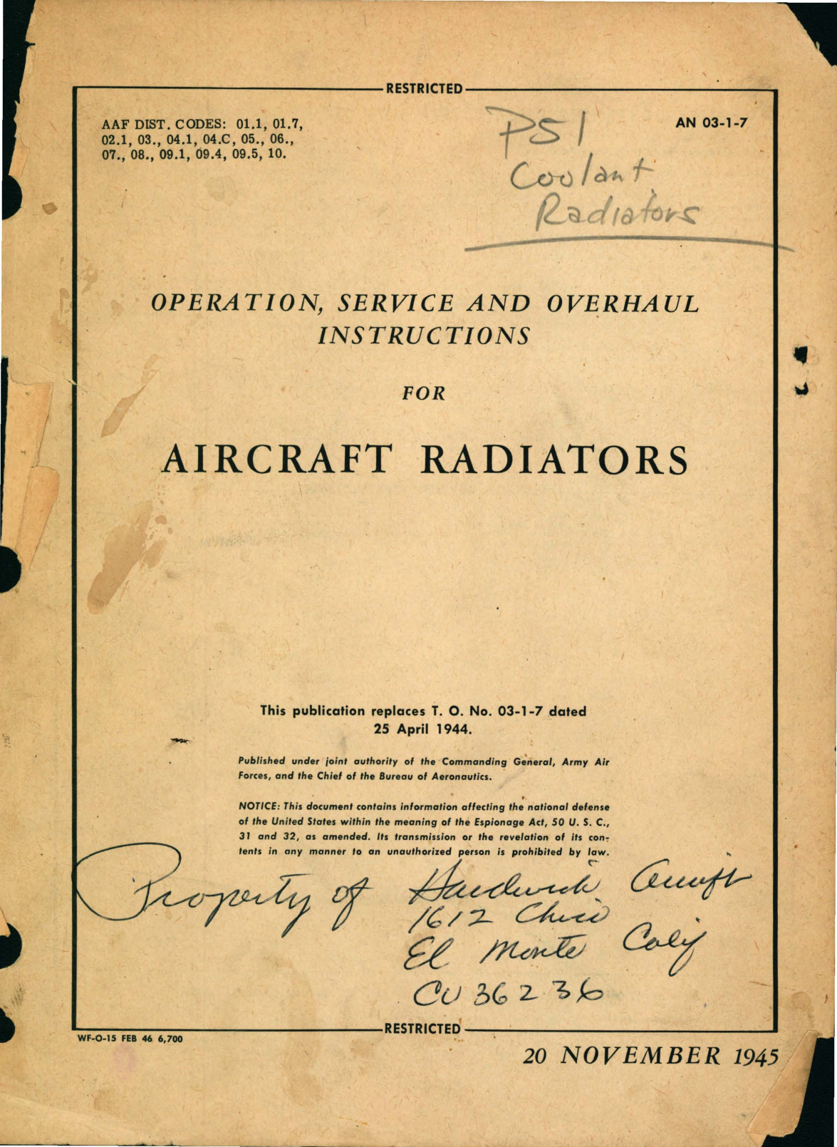 Sample page 1 from AirCorps Library document: Operation, Service and Overhaul Instructions for Aircraft Radiators