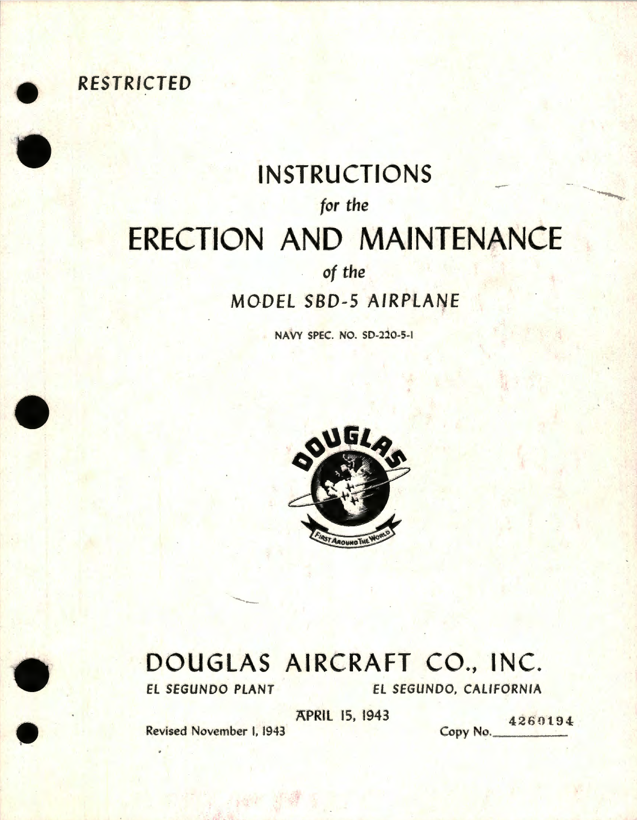 Sample page 1 from AirCorps Library document: Instructions for the Erection and Maintenance of the Model SBD-5 Airplane